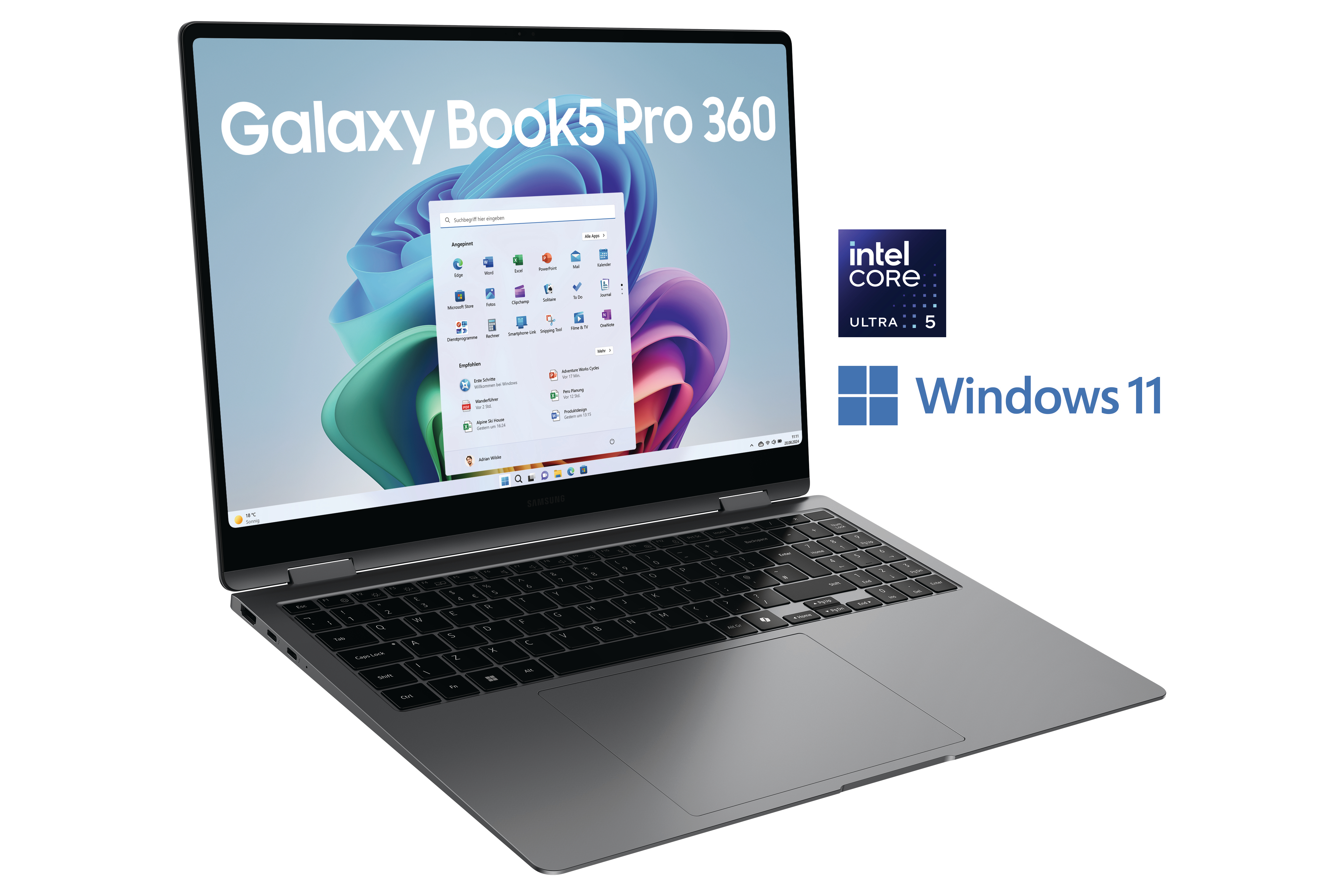 Ein silberner Laptop mit einem Bildschirm, der eine farbenfrohe Windows 11 Oberfläche zeigt.