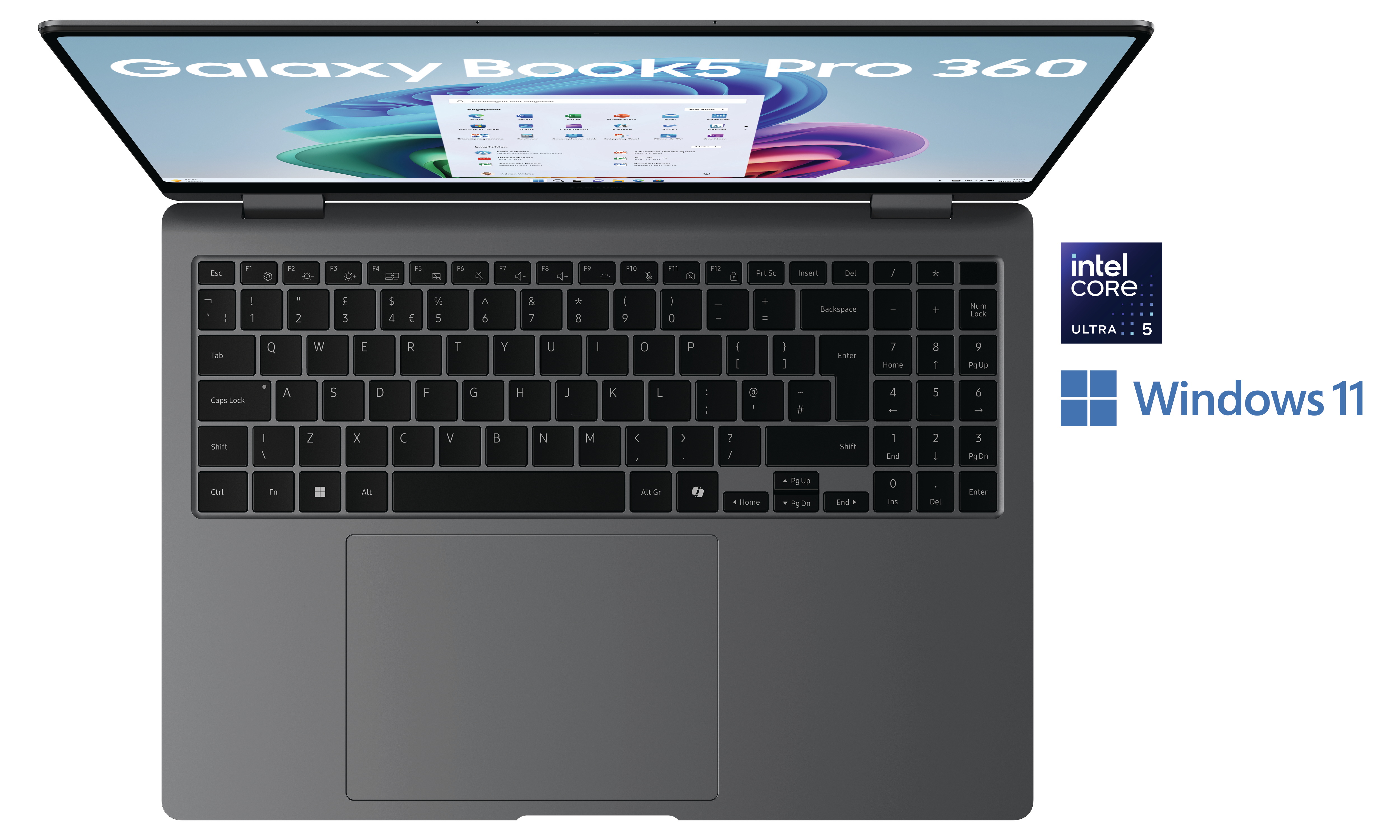 Der Laptop ist geöffnet, Tastatur vorne, Bildschirm mit farbenfrohem Hintergrund.