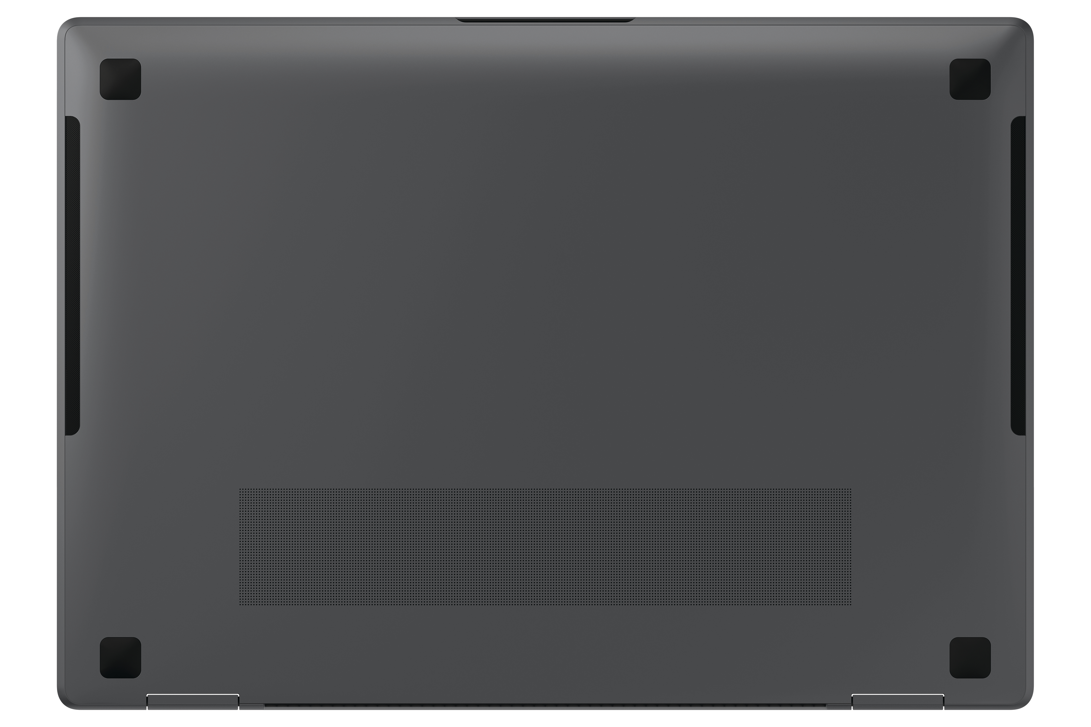 Grauer Laptopboden mit Lüftungsschlitzen und Gummifüßen auf weißem Hintergrund.