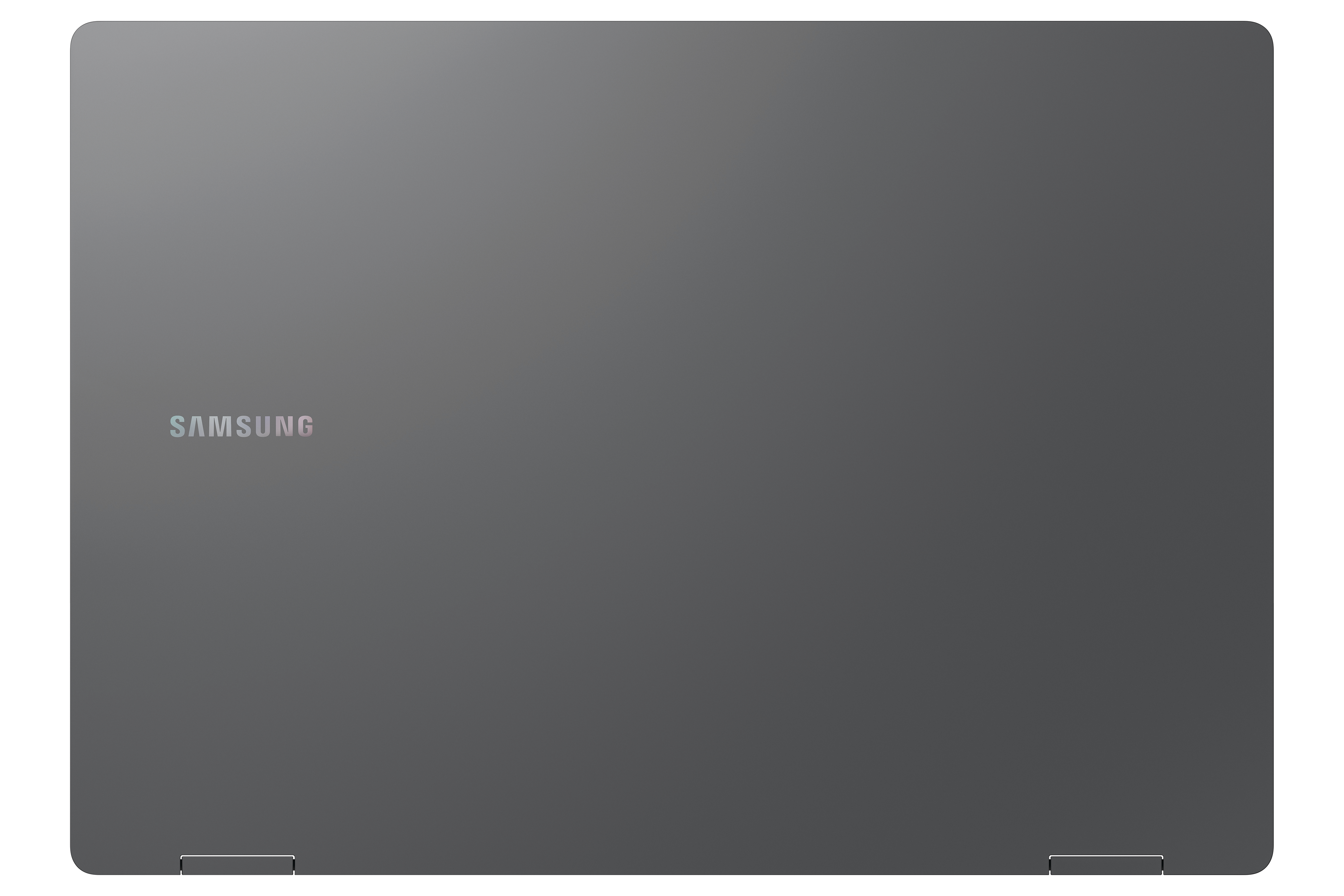 Geschlossener grauer Samsung Laptop mit Samsung Logo auf dem Deckel.