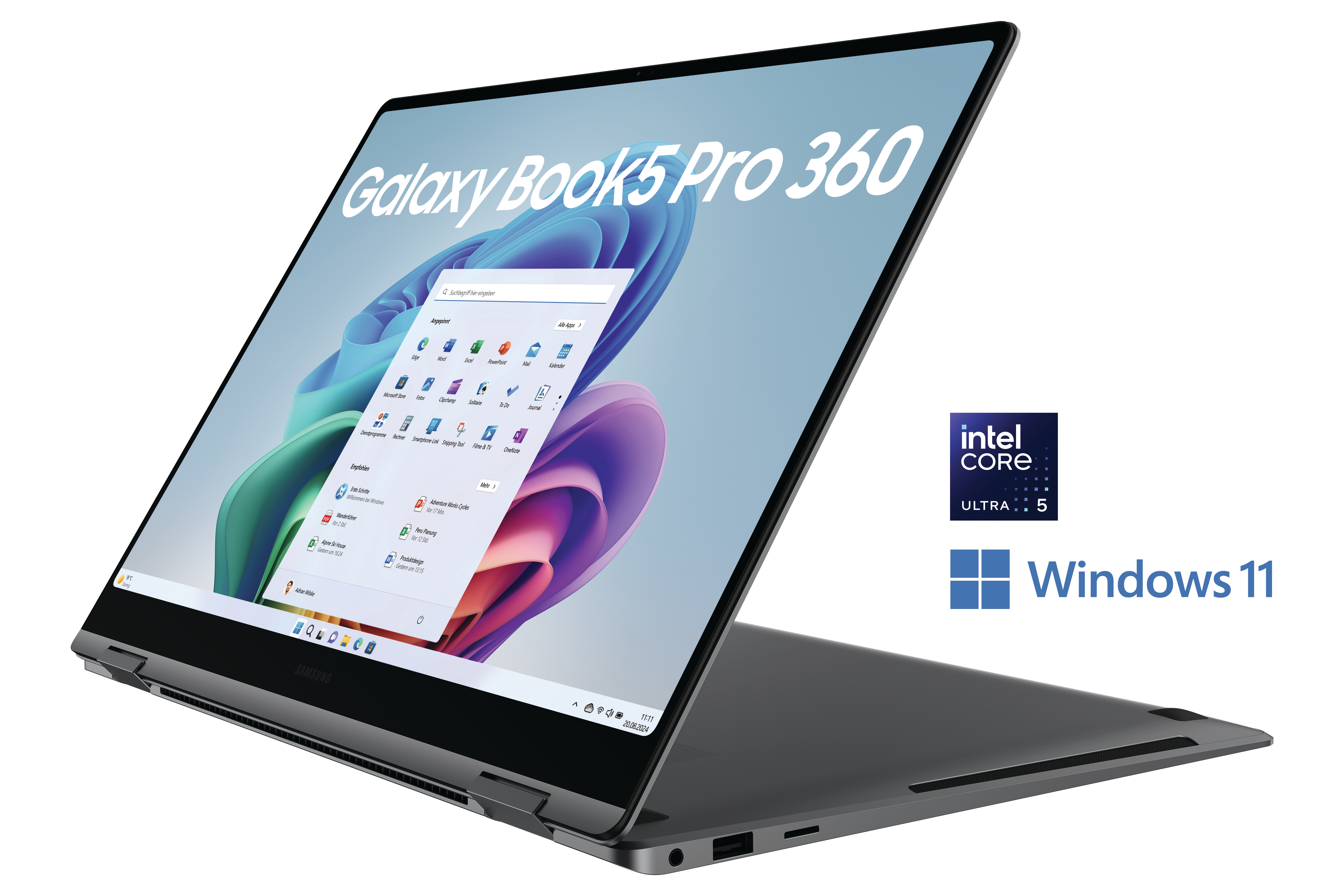Ein Laptop mit einem Bildschirm, der eine App-Oberfläche und Logos auf weißem Hintergrund zeigt.