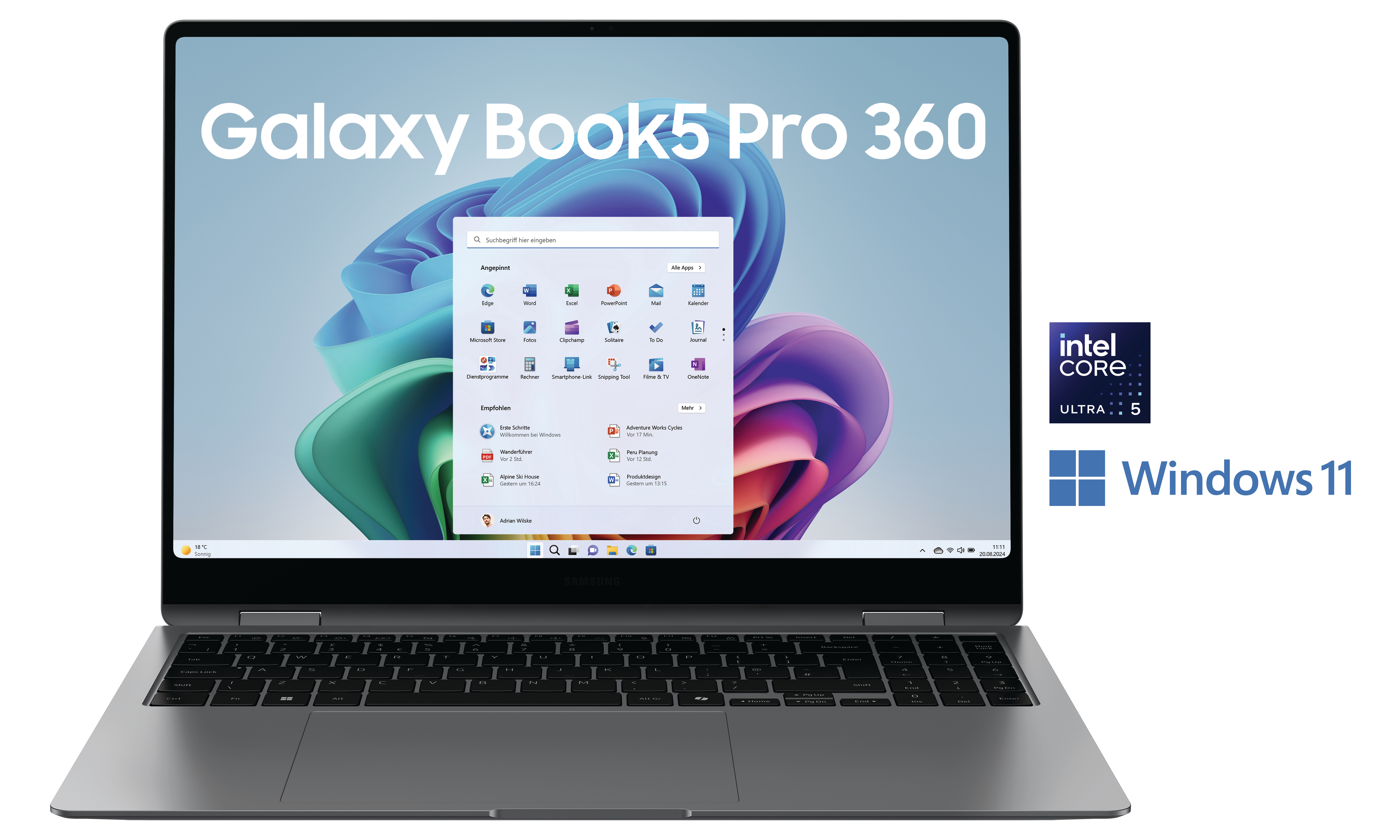 Ein Laptop mit einem Bildschirm, der eine App-Oberfläche und Logos auf weißem Hintergrund zeigt.