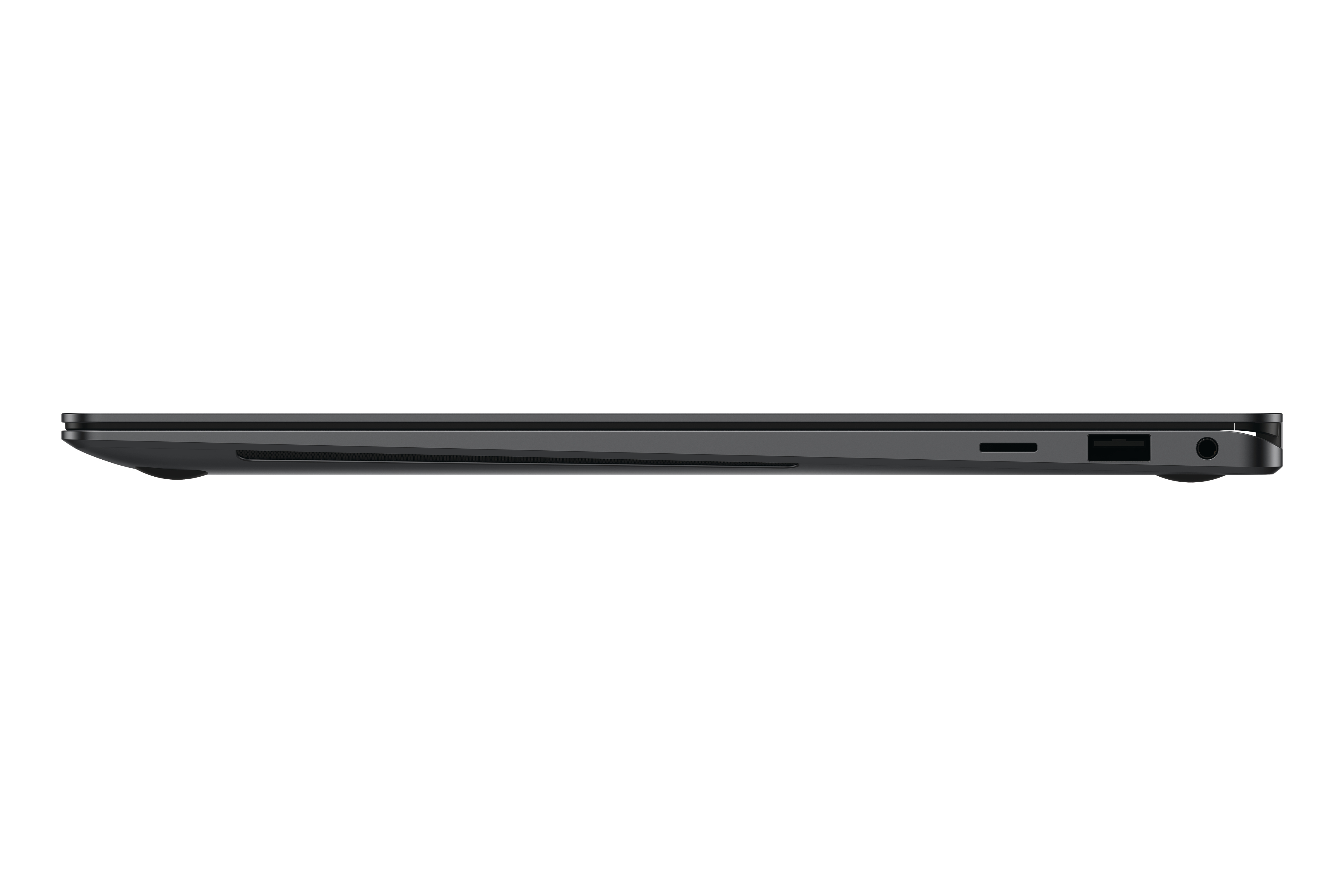 Nahaufnahme der Seite eines dunkelgrauen Laptops.