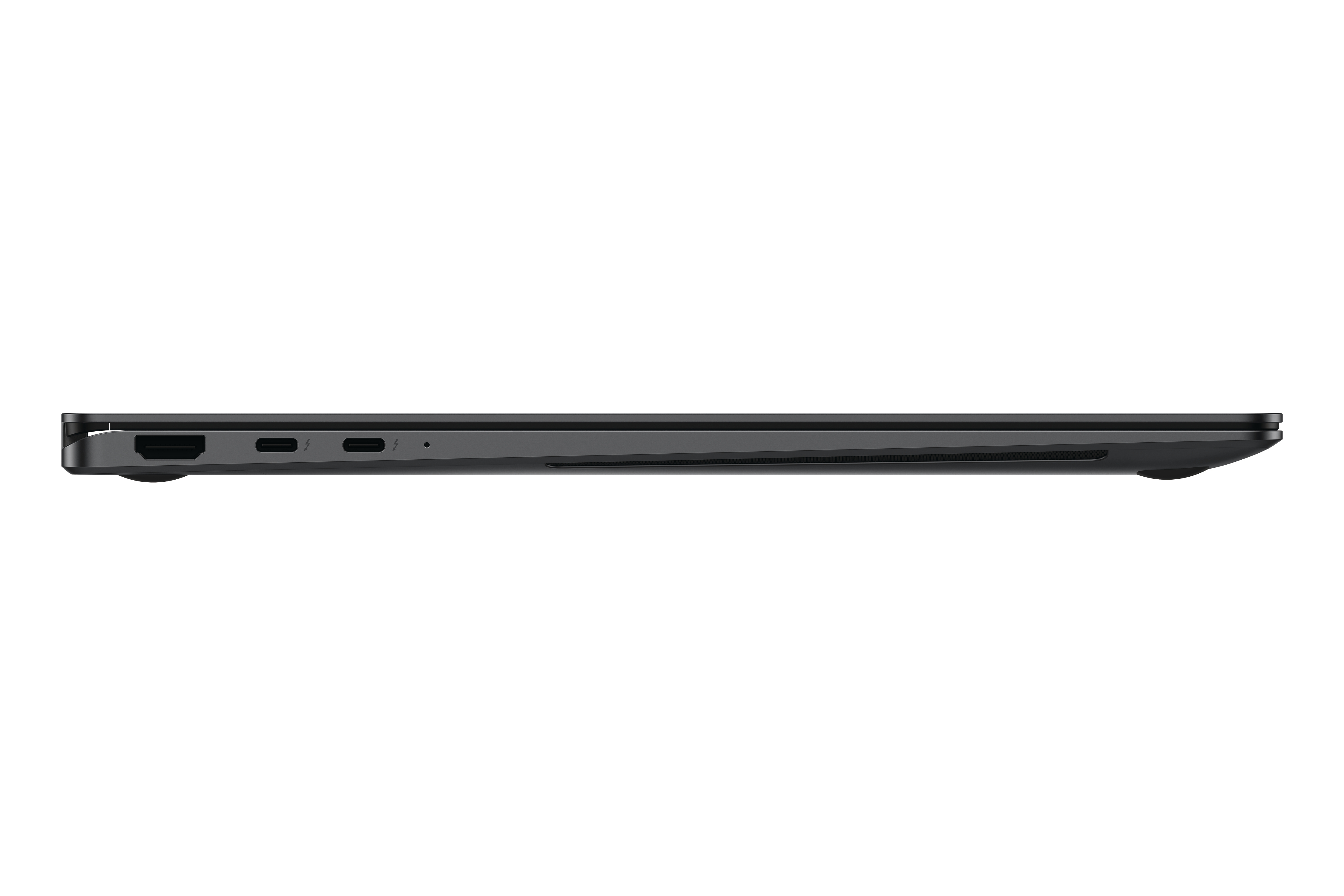 Dunkelgraues Laptop-Profil mit Anschlüssen und einer Kamera.