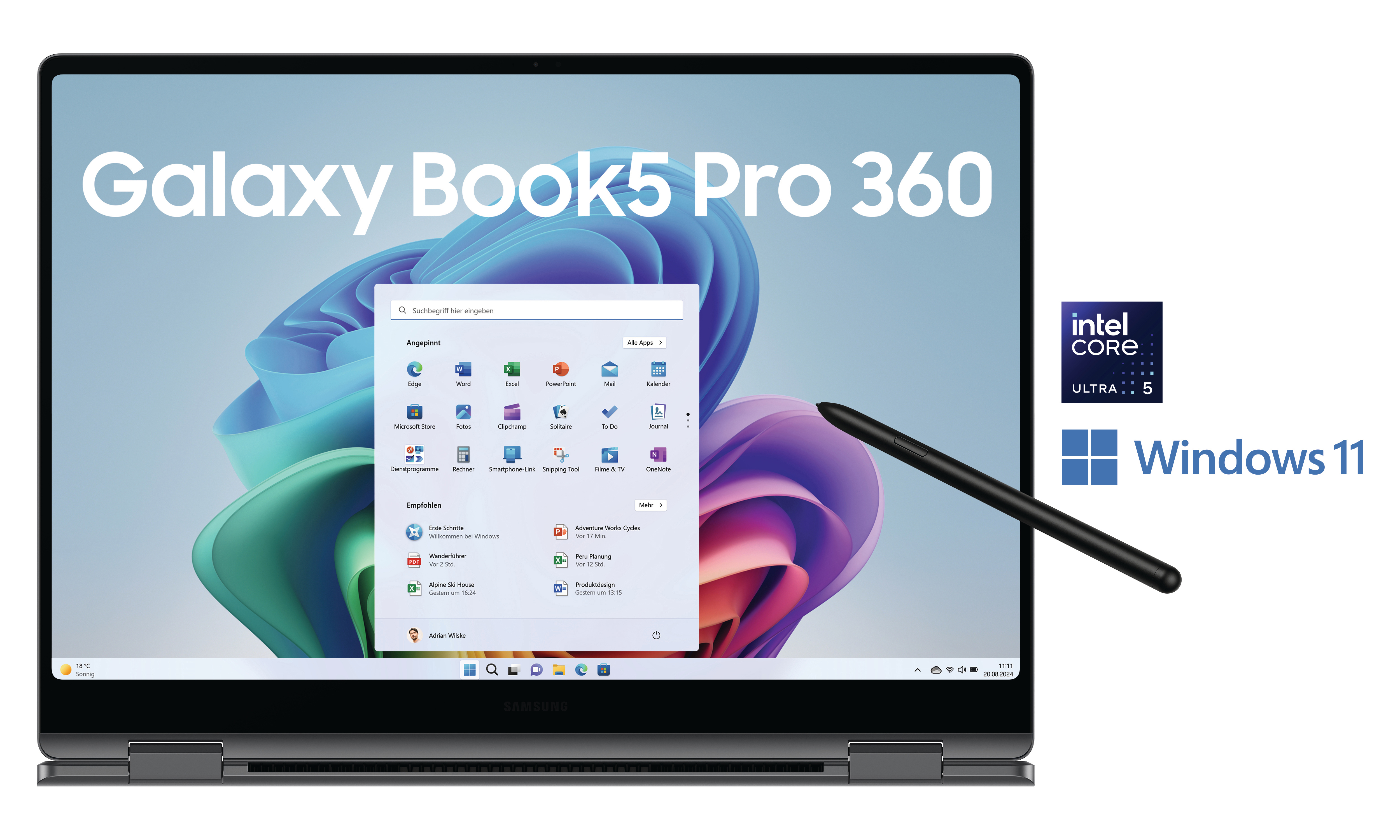 Laptop-Bildschirm mit dem Text 'Galaxy Book5 Pro 360', Windows 11 und Intel Core Ultra 5.