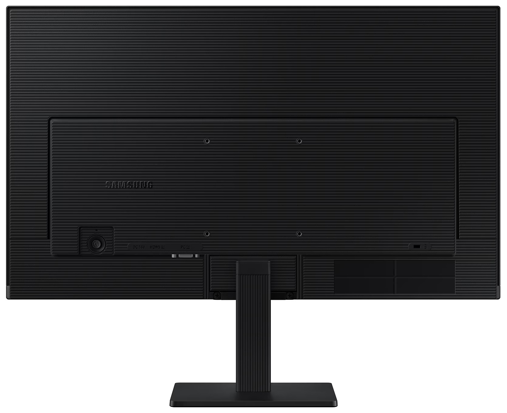 Widok z tyłu czarnego monitora. Posiada stojak i różne porty do połączeń.