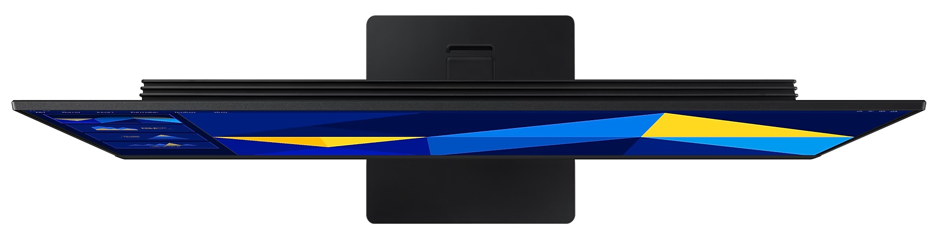 Widok z góry na czarny monitor komputerowy z szerokim, zakrzywionym ekranem.