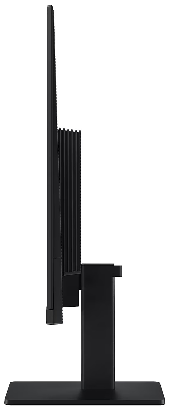 Widok z boku czarnego monitora ze stojakiem. Monitor jest smukły, o eleganckim designie.