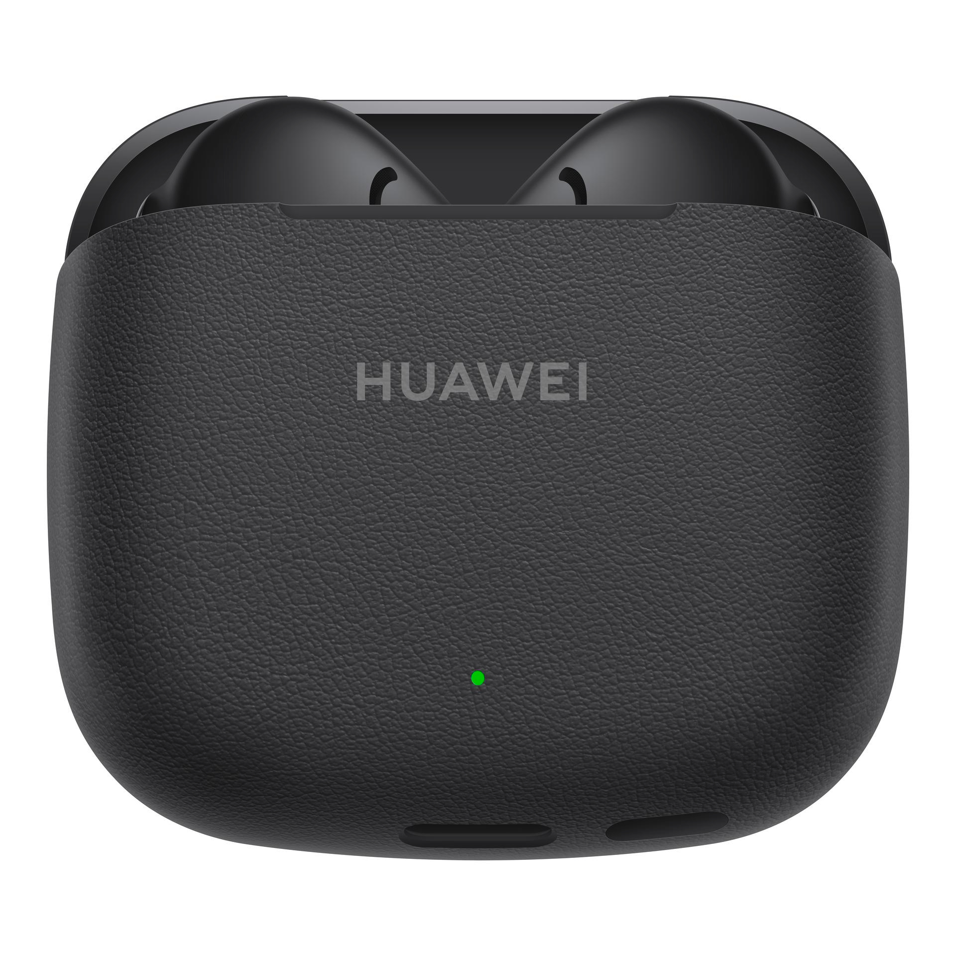 Schwarzes Ohrhörer-Etui mit dem Wort 'HUAWEI' in Weiß und einem grünen Licht.