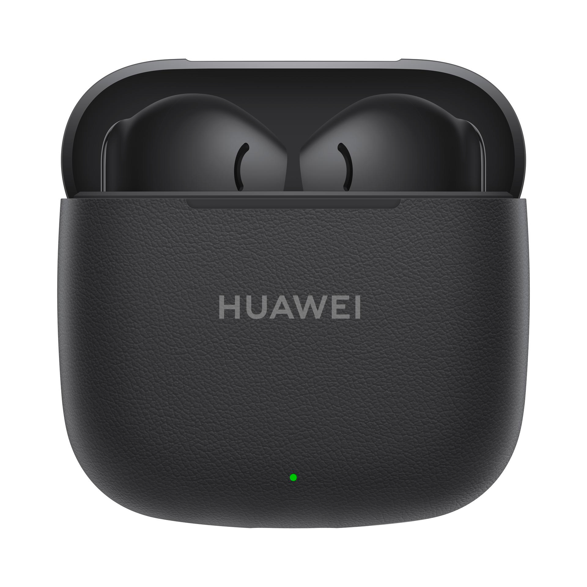 Schwarzes Huawei-Kopfhörer-Etui mit Ohrhörern. Grünes Licht leuchtet.