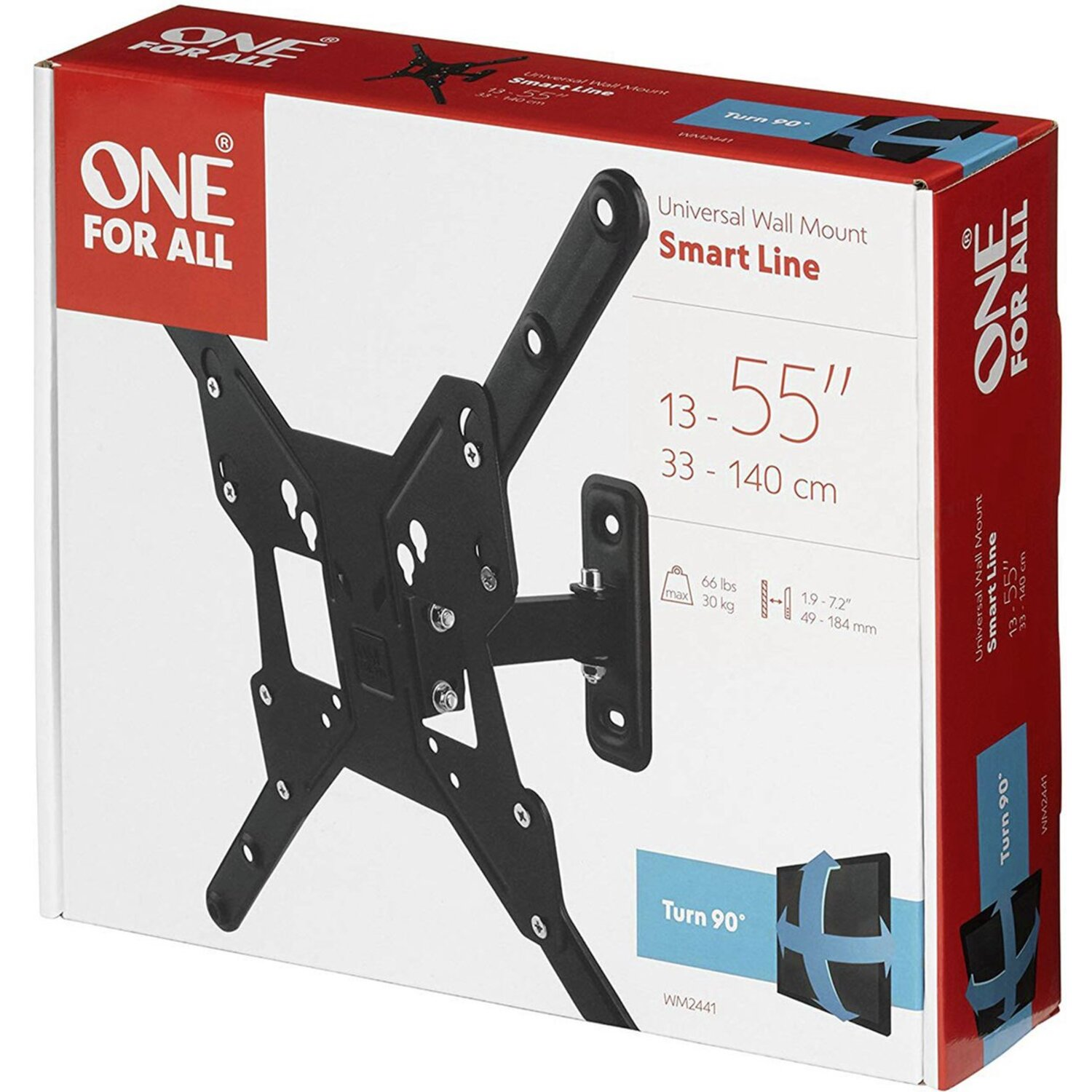 Black and white box of a universal wall mount for TVs, with mounting hardware.