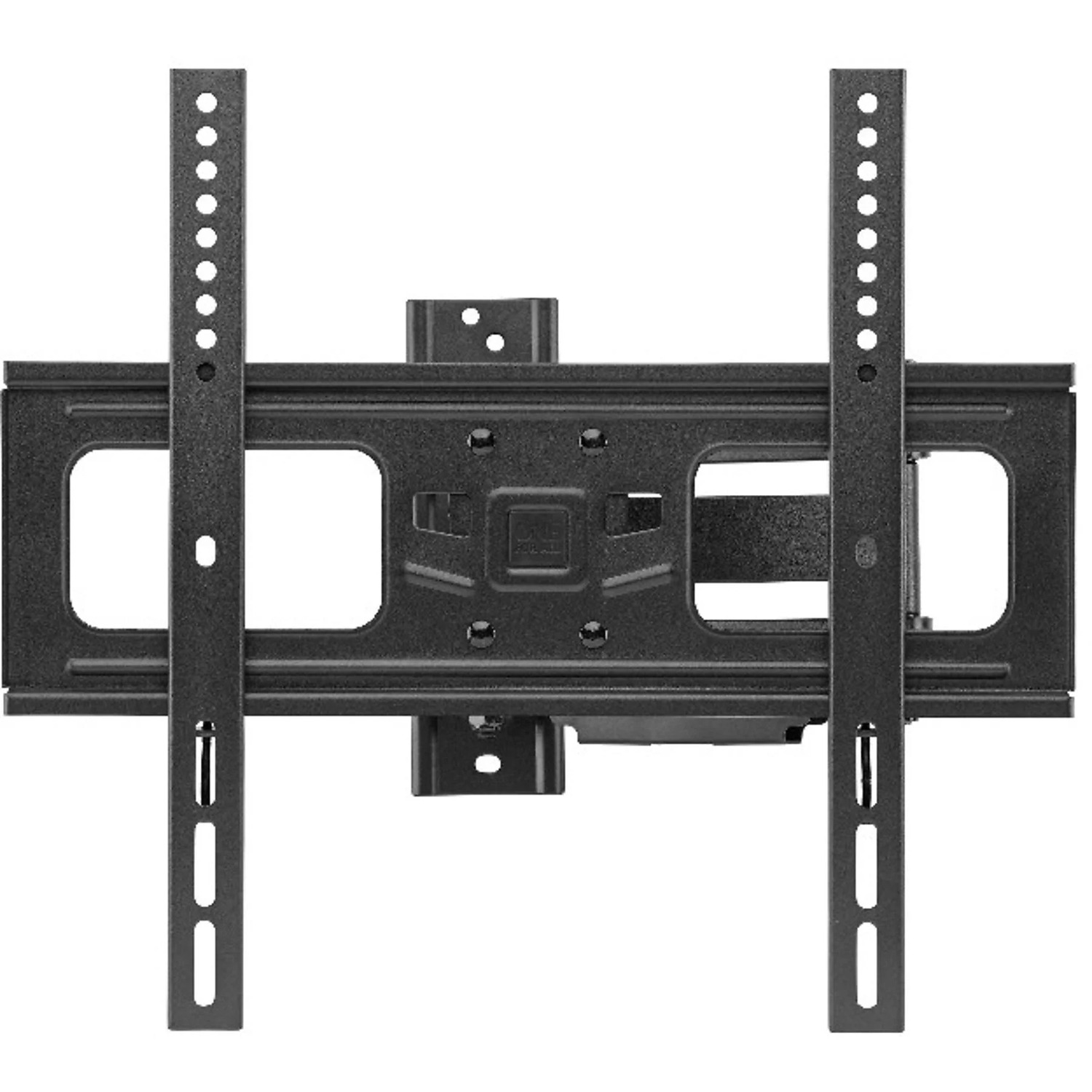 Zwarte metalen tv-beugel, met twee verticale steunen en een centraal horizontaal frame.