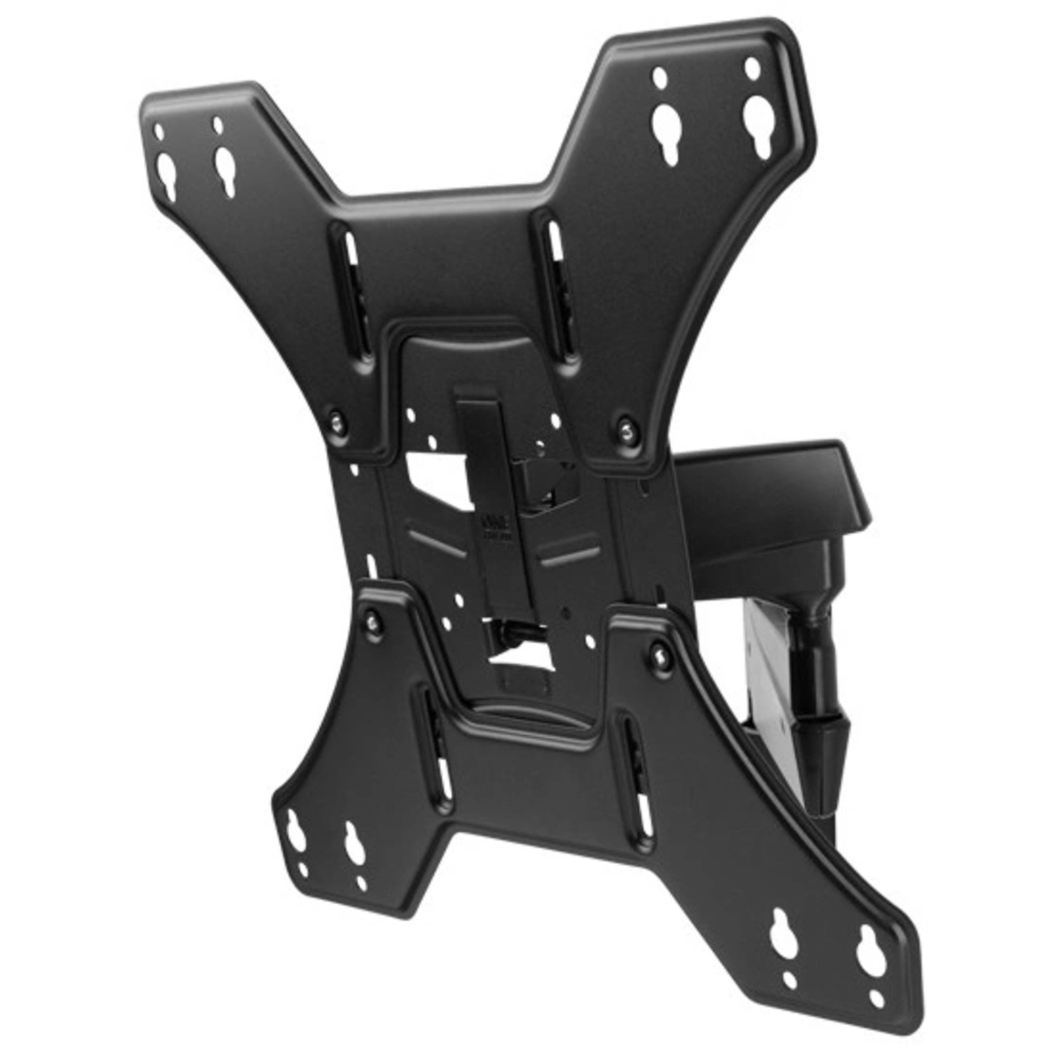 Een zwarte, metalen, aan de muur gemonteerde tv-beugel, met diverse gaten.