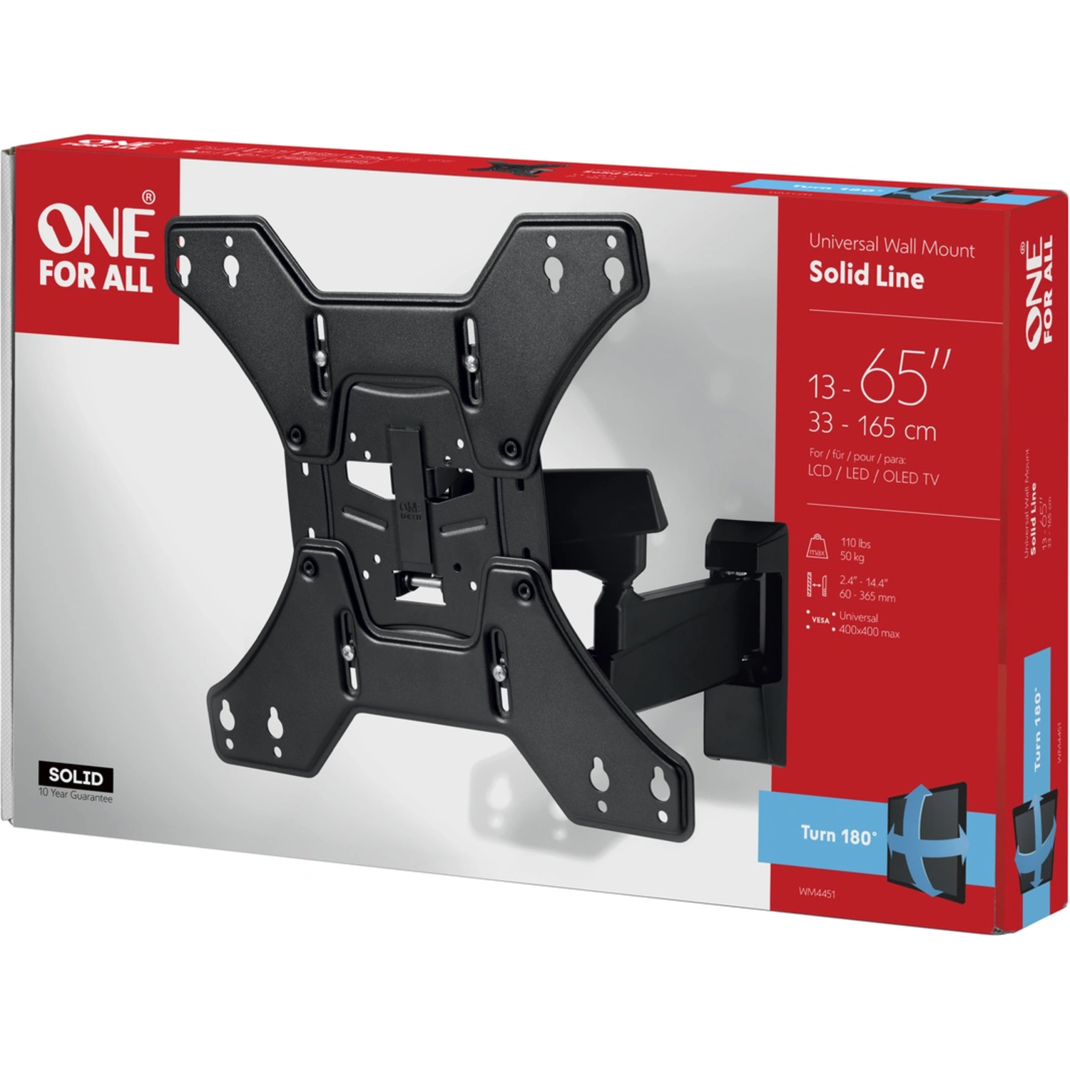 Verpakte tv-beugel, gelabeld 'ONE FOR ALL', met productdetails en tv-formaatbereik.