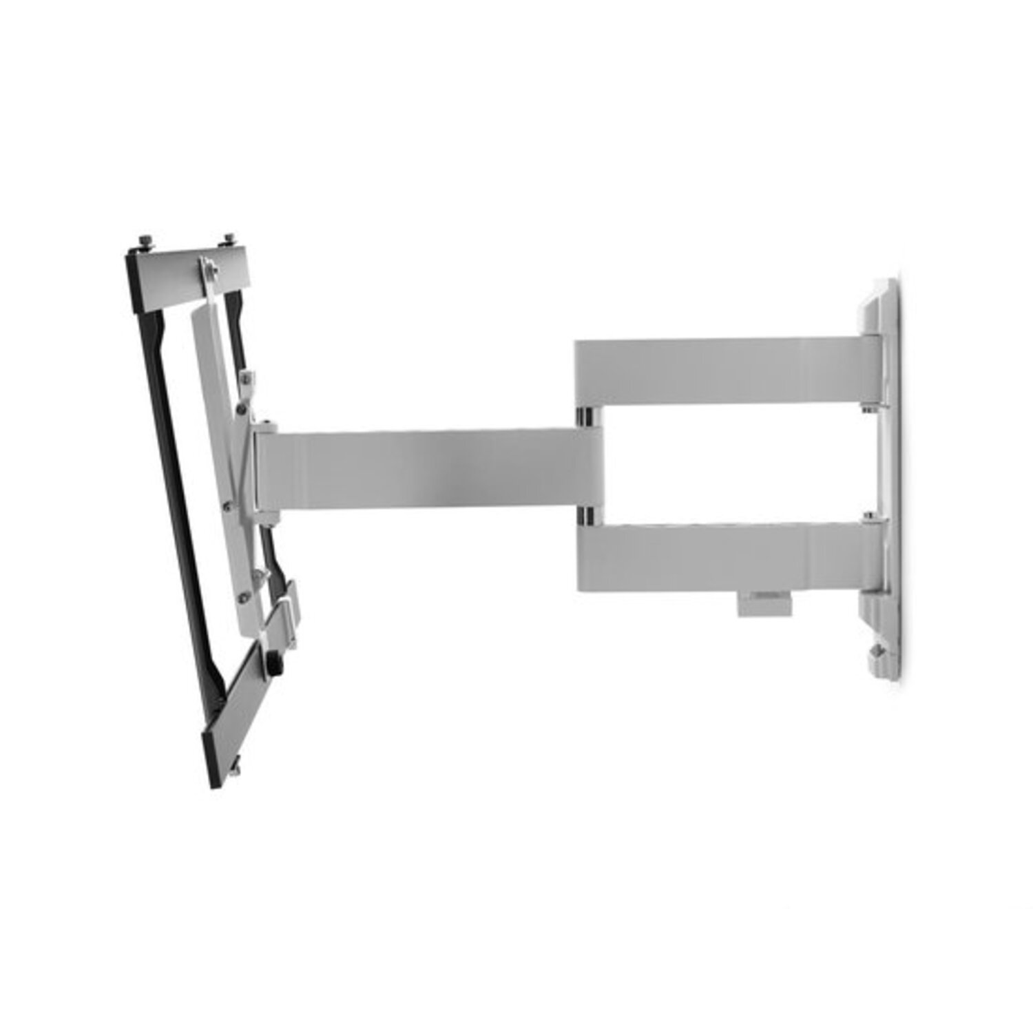 A wall-mounted TV bracket, silver, with adjustable arms, isolated on a white background.