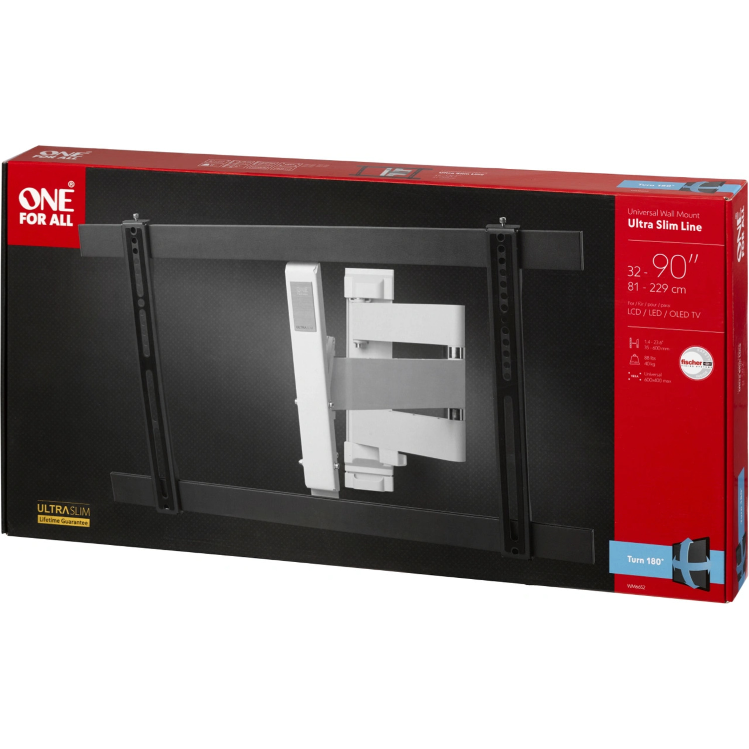 Black and red One For All Ultra Slim Line TV mount box.