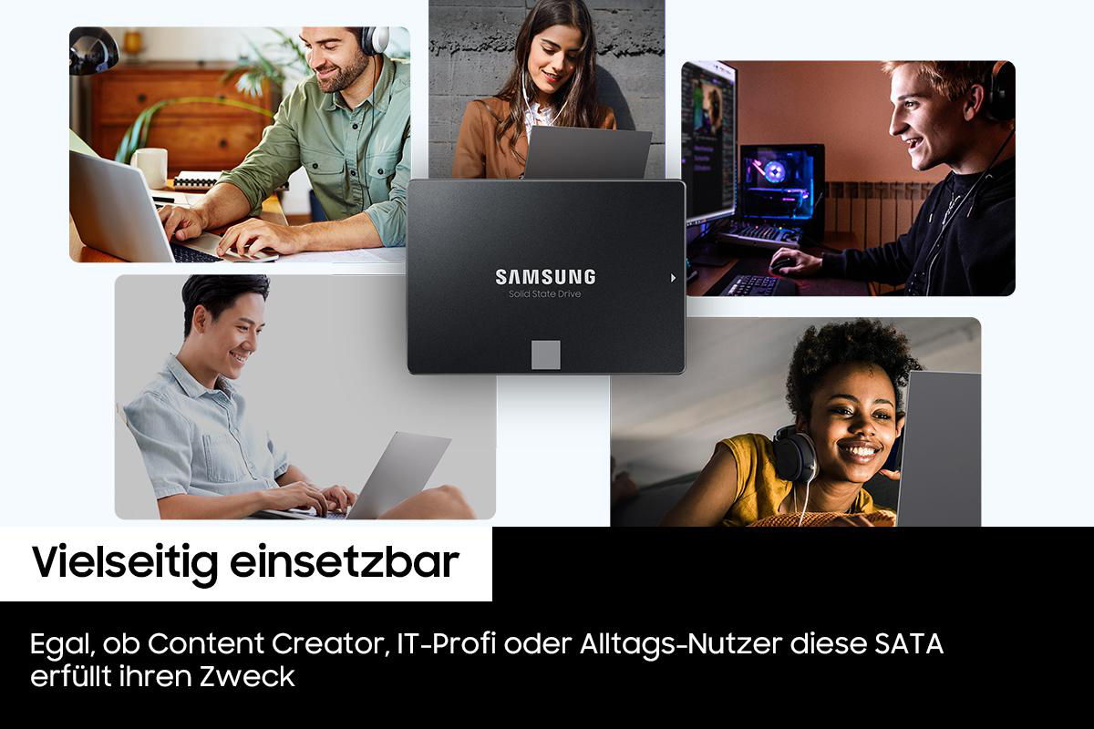 Samsung SSD umgeben von Leuten, die Laptops und Computer benutzen. Text: 'Vielseitig einsetzbar'. Weißer Hintergrund.