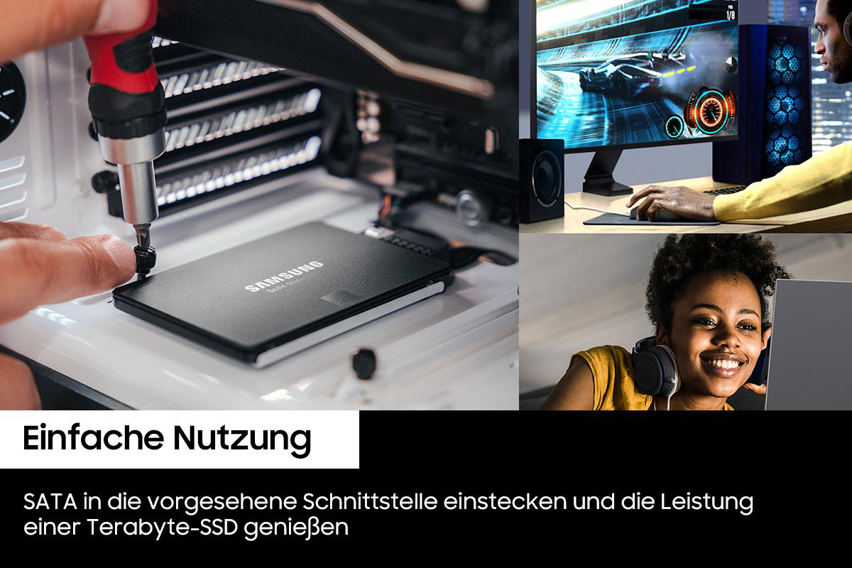 Person installiert Samsung SSD. Andere benutzen Computer im Hintergrund. Text: 'Einfache Nutzung'. Weißer Hintergrund.
