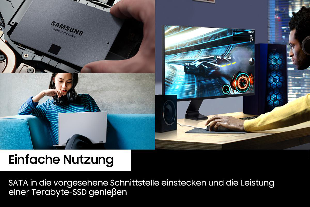 Eine Collage mit einer SSD, einer Person, die an einem Laptop arbeitet, und einem spielenden Gamer.