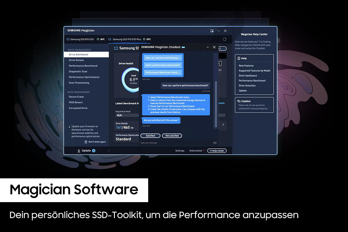 Schwarze externe Festplatte von Samsung auf weißem Hintergrund.
