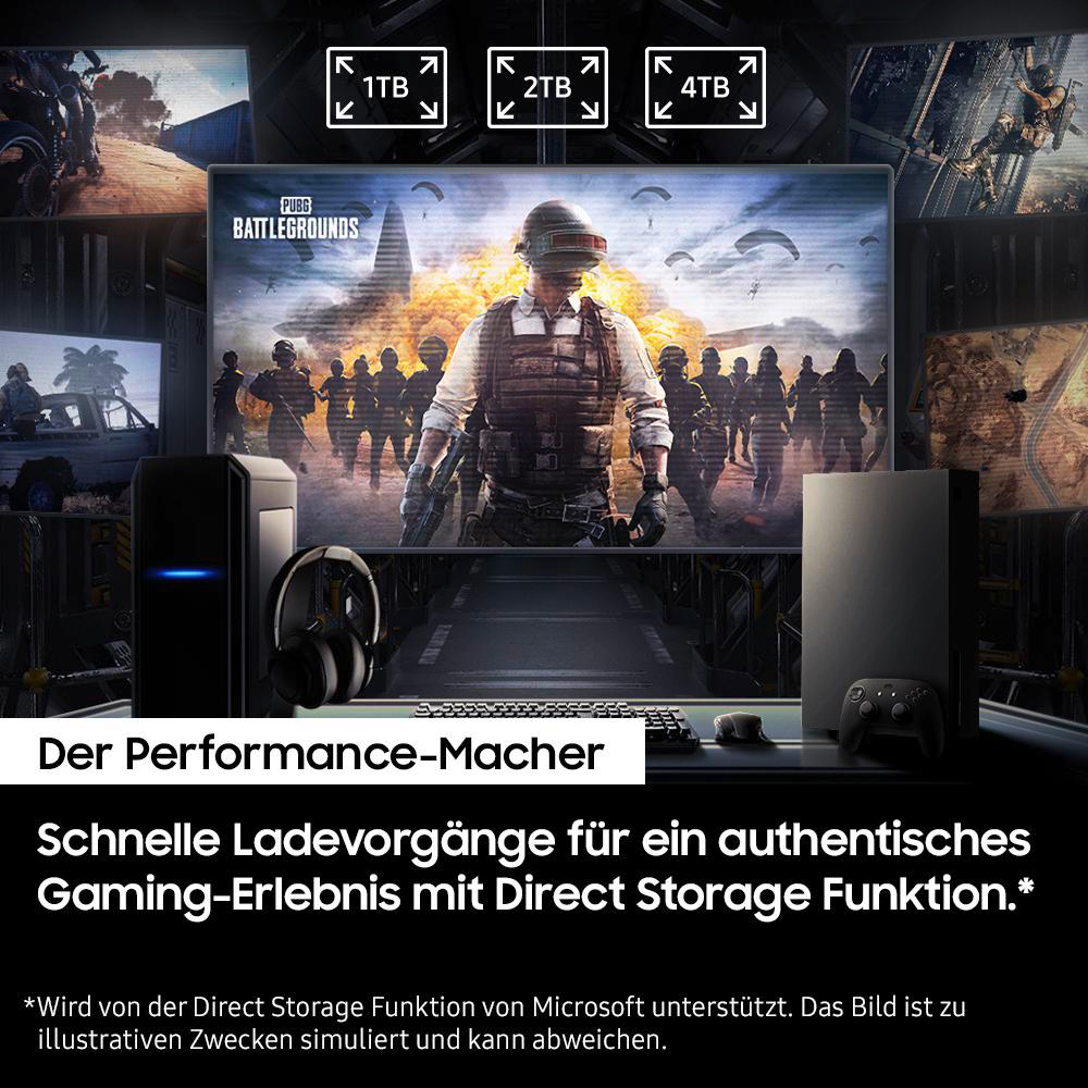 Gaming-Setup mit großem Bildschirm, der ein Videospiel, eine Konsole und einen PC zeigt.