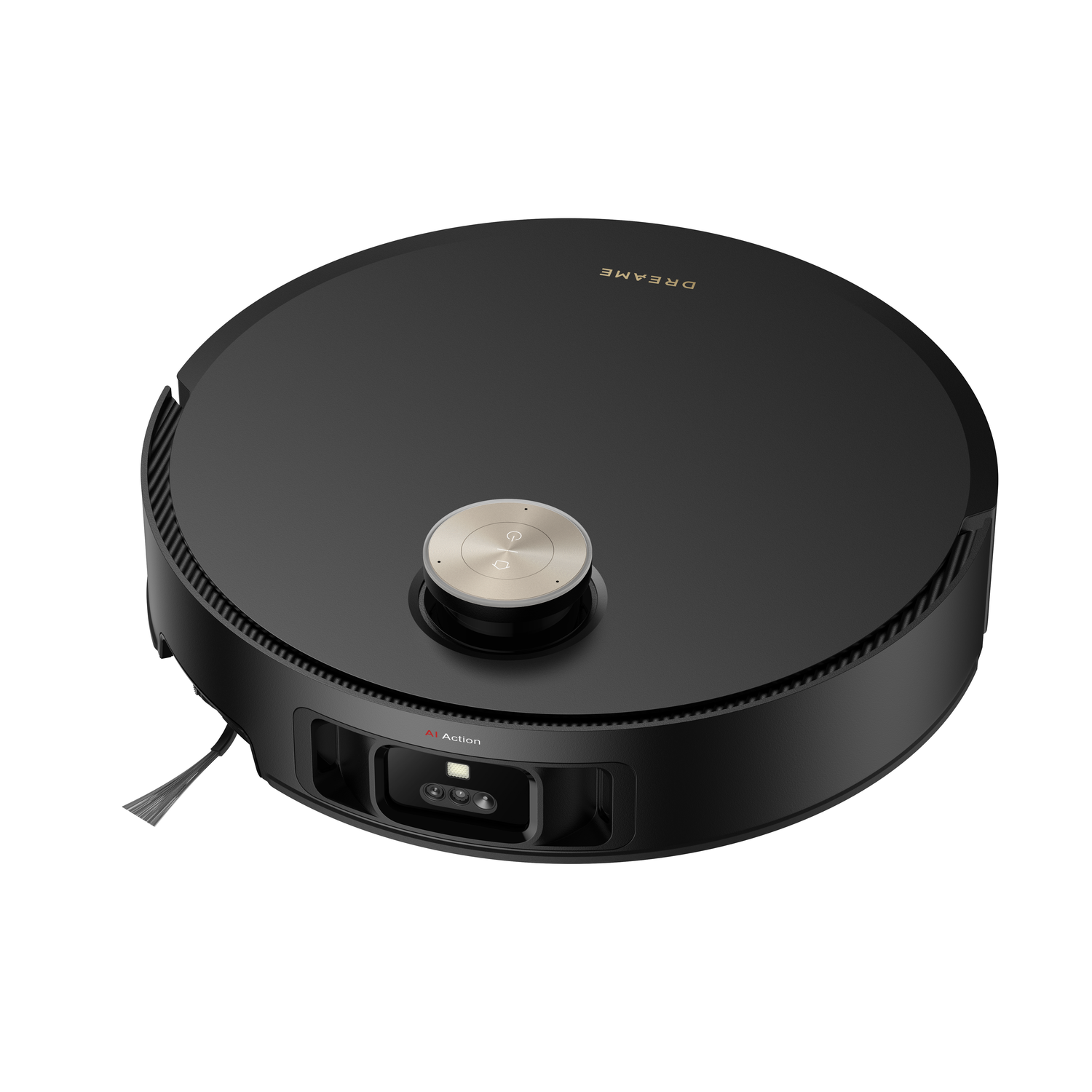 A black, round robot vacuum cleaner with a silver button. It has a rotating brush and a 'DREAME' logo on top.
