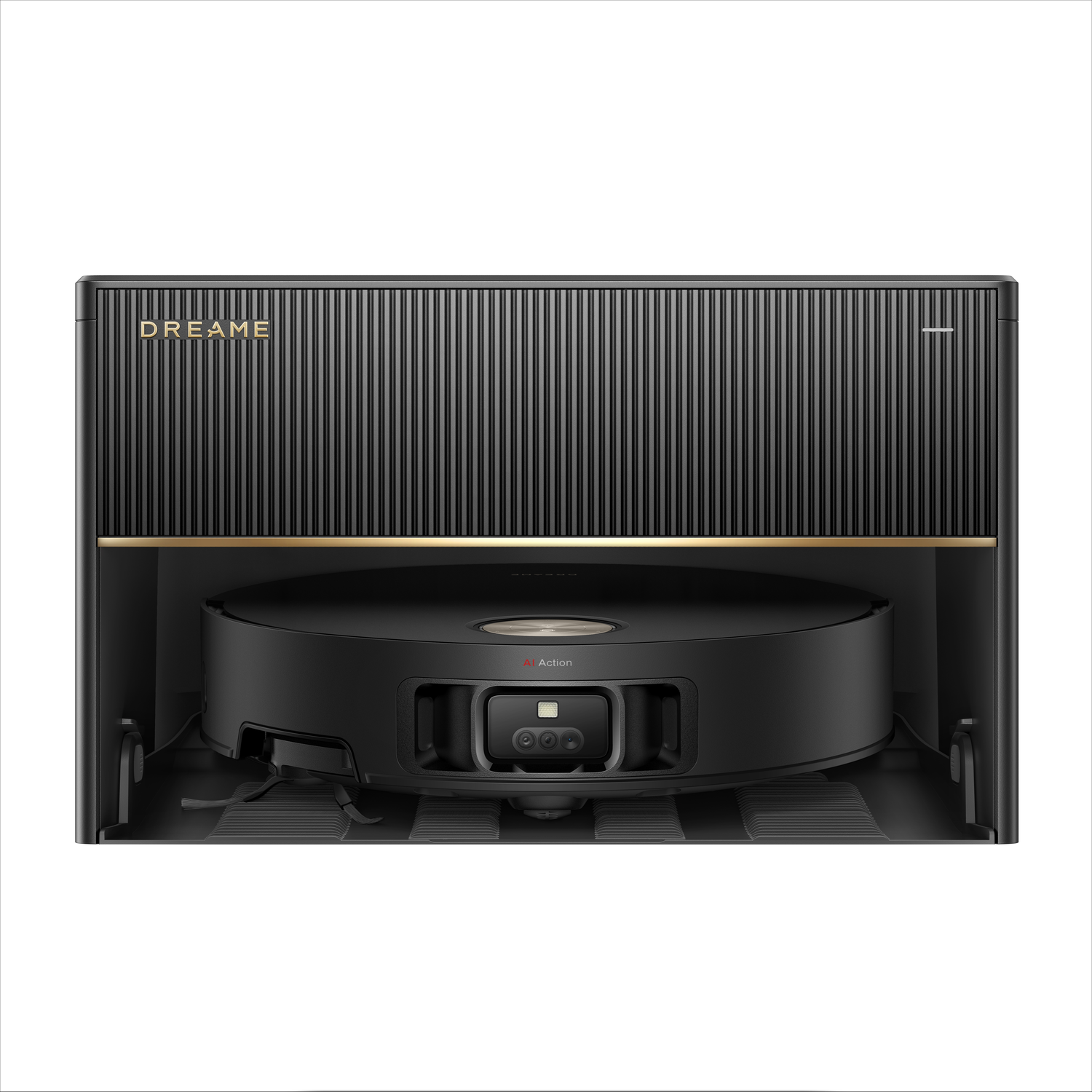 A black Dreame robot vacuum cleaner inside a charging and cleaning station. The station has a black and gold design.