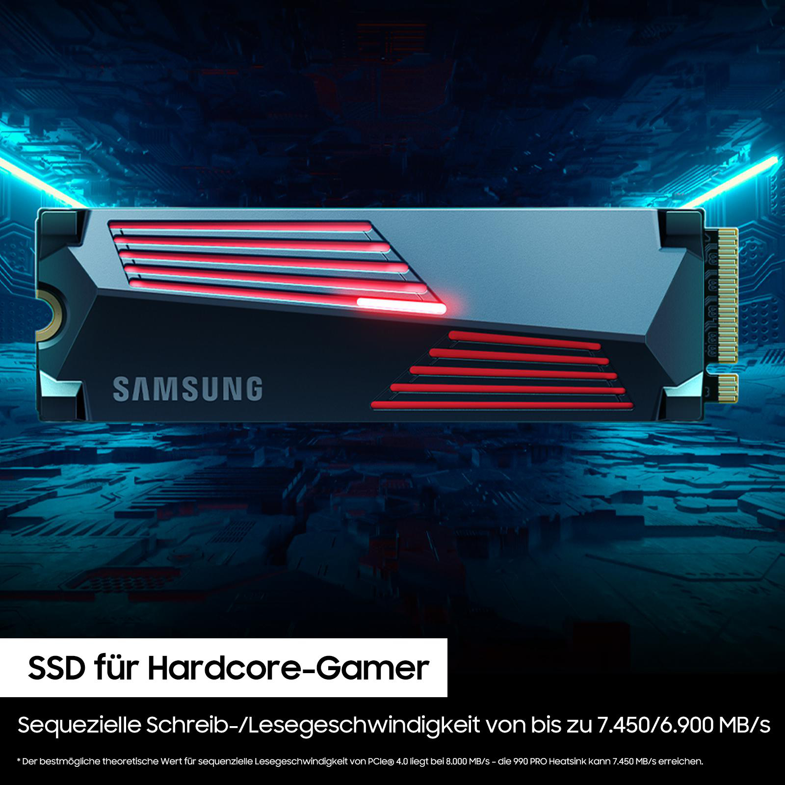 SSD mit roten Akzenten und Samsung-Logo. Text: 'SSD für Hardcore-Gamer'.