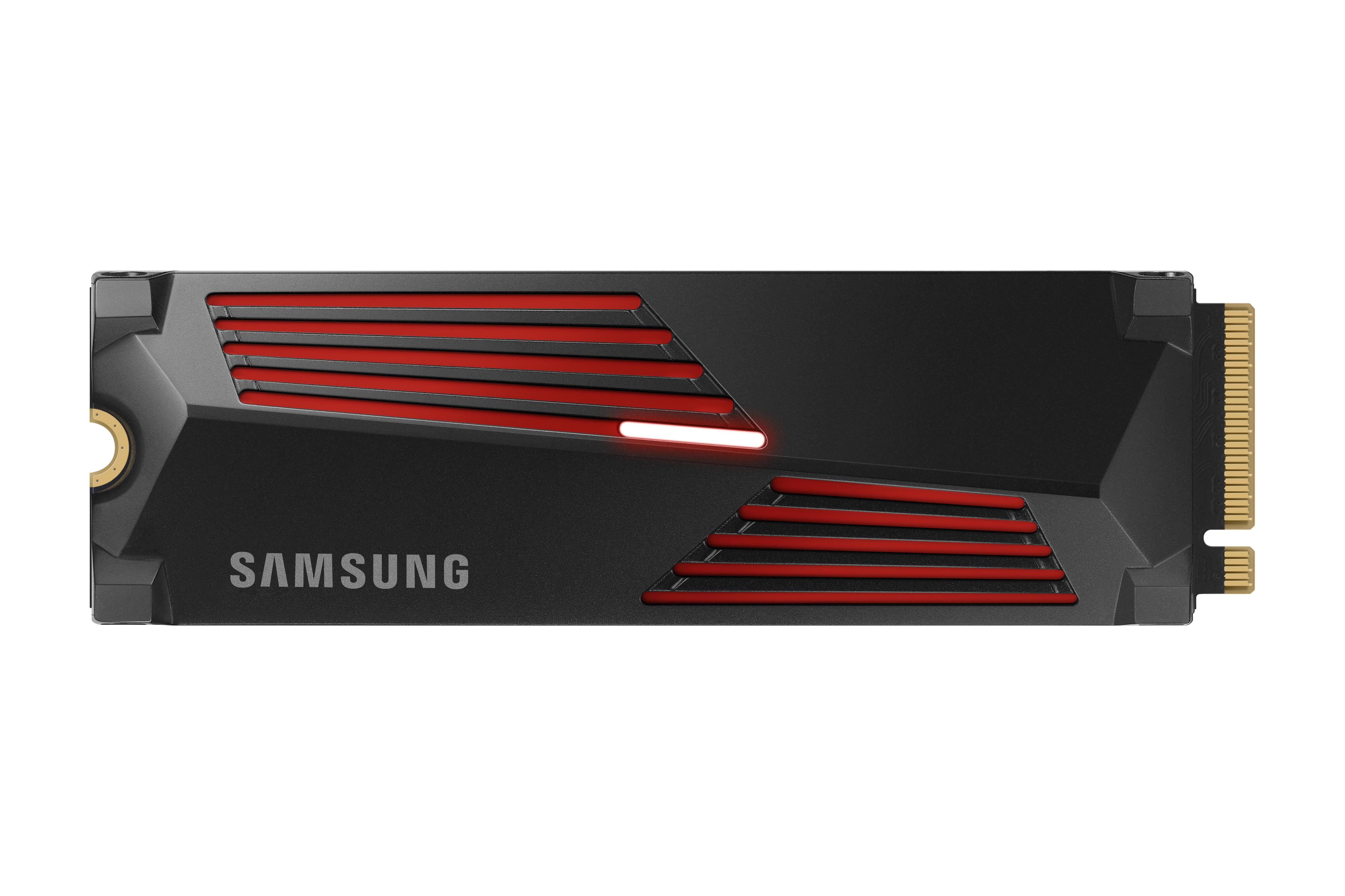 Schwarze SSD mit roten Akzenten und Samsung-Logo, mit Kühlkörper-Design.