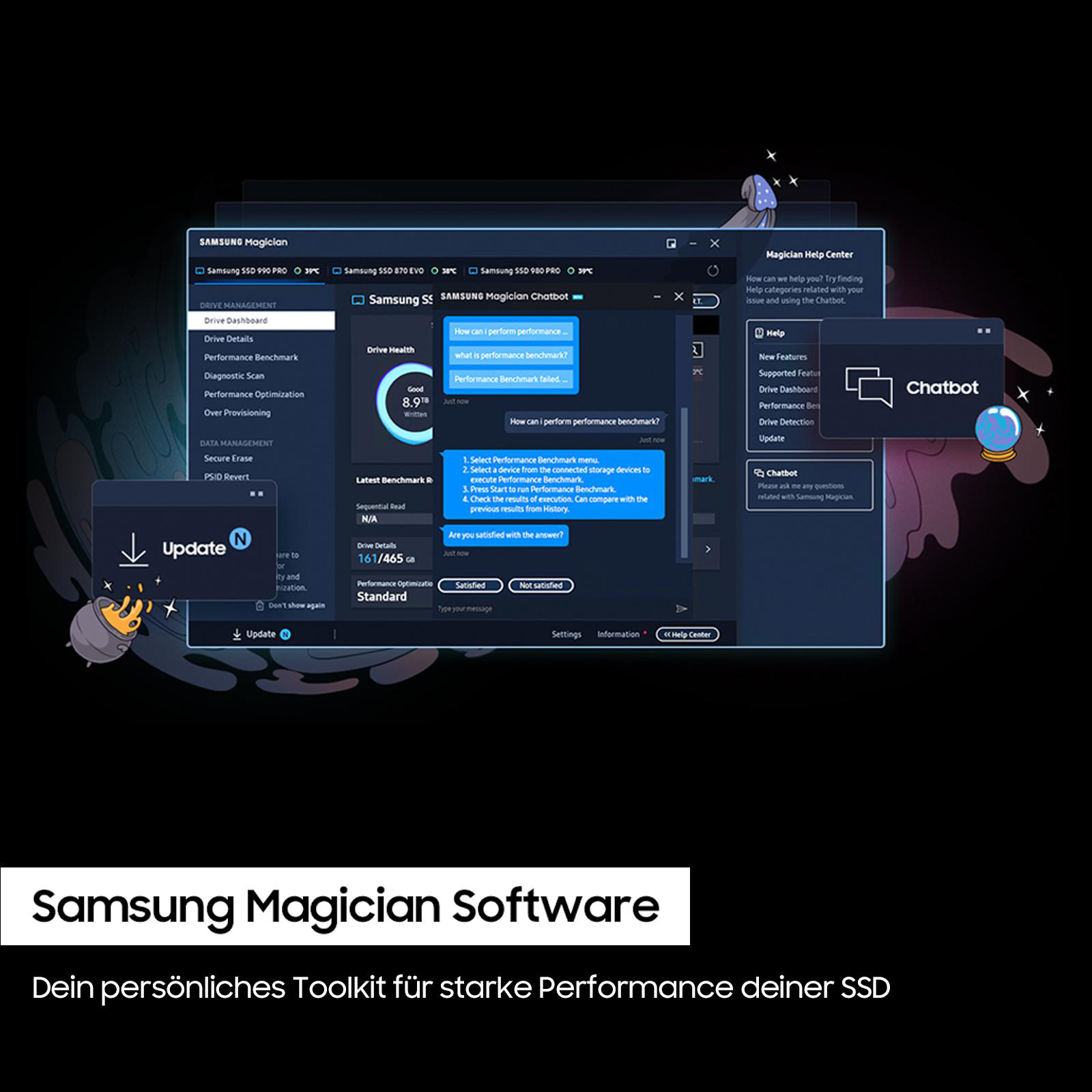 Samsung Magician Software-Oberfläche. Es hat verschiedene Menüs und einen Chatbot. Eine Person benutzt es.