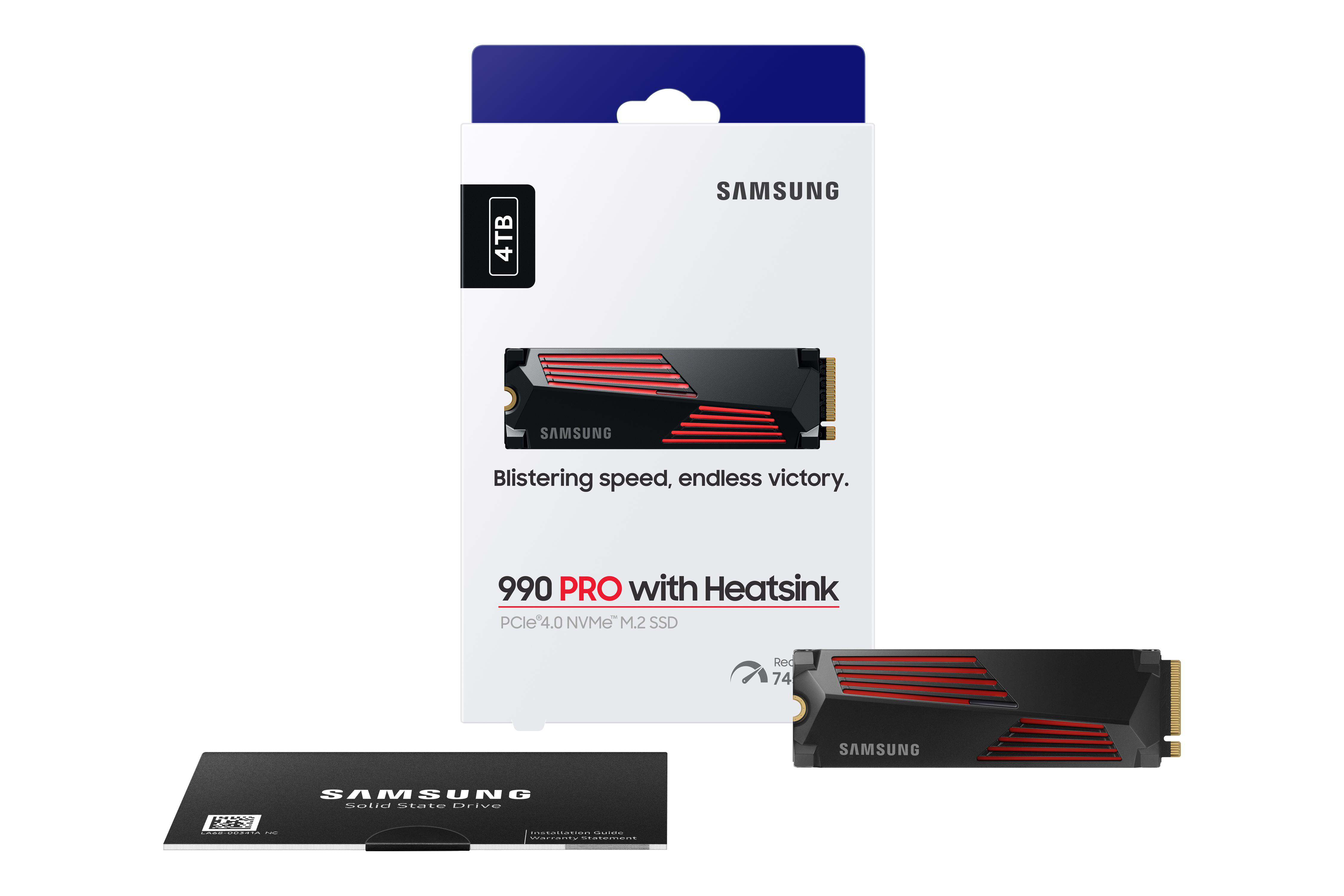 SSD-Verpackung mit 990 PRO-Kühlkörper, Laufwerk und zusätzlichem SSD-Laufwerk.