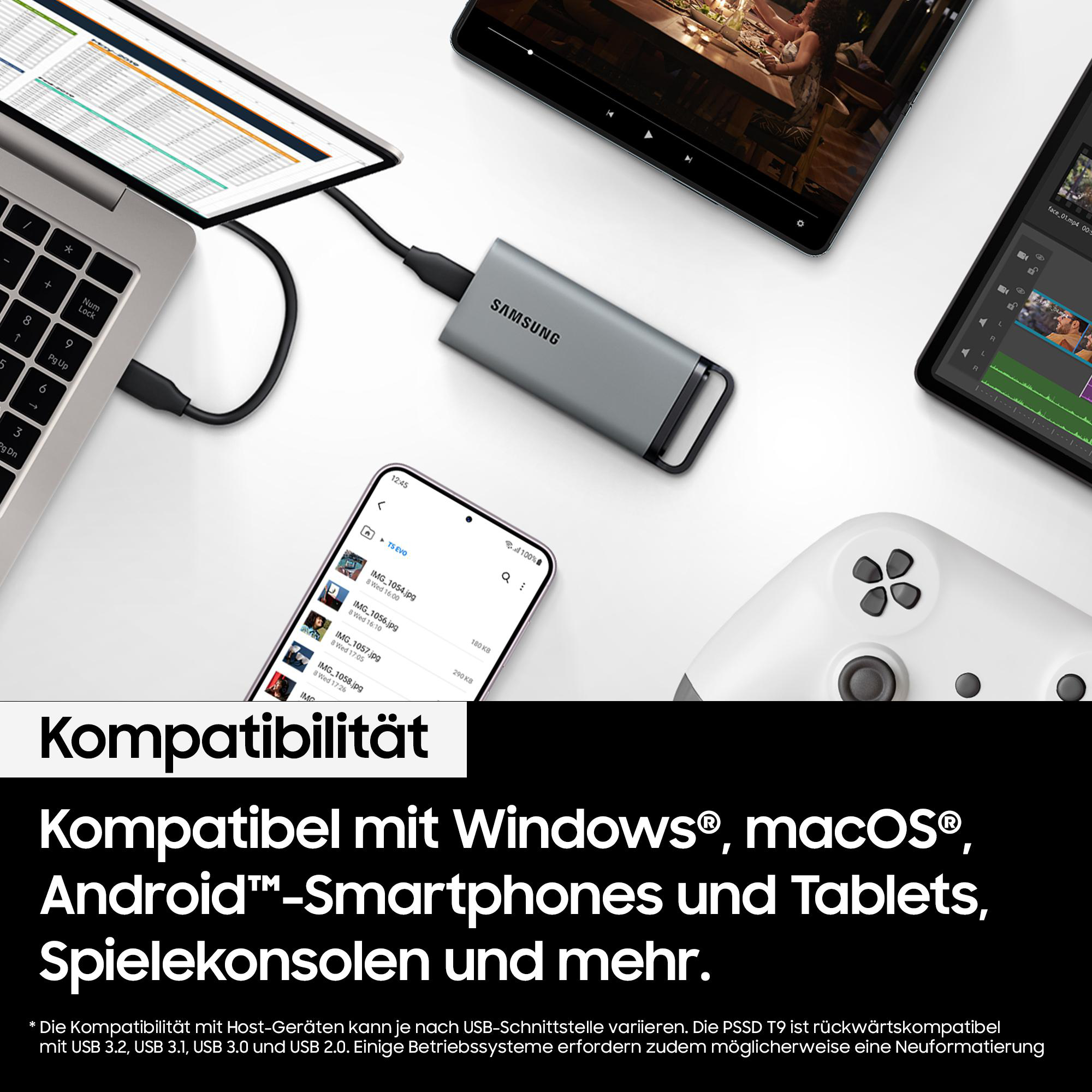Samsung tragbare SSDs angeschlossen an Geräte. Kompatibilität mit Windows, macOS, Android, Smartphones, Tablets.