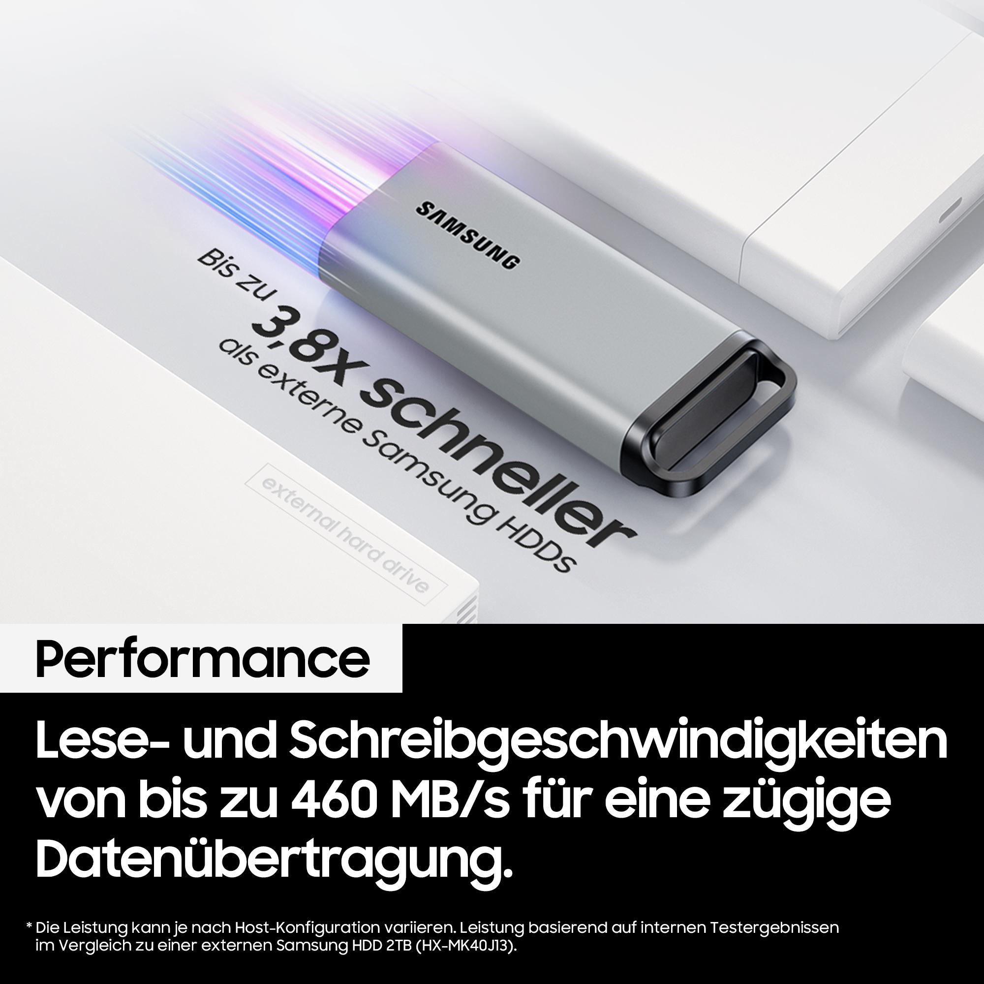 Samsung USB-Laufwerk mit Text: 3,8x schneller als externe Samsung HDDs. Leistung, Lese-/Schreibgeschwindigkeiten.