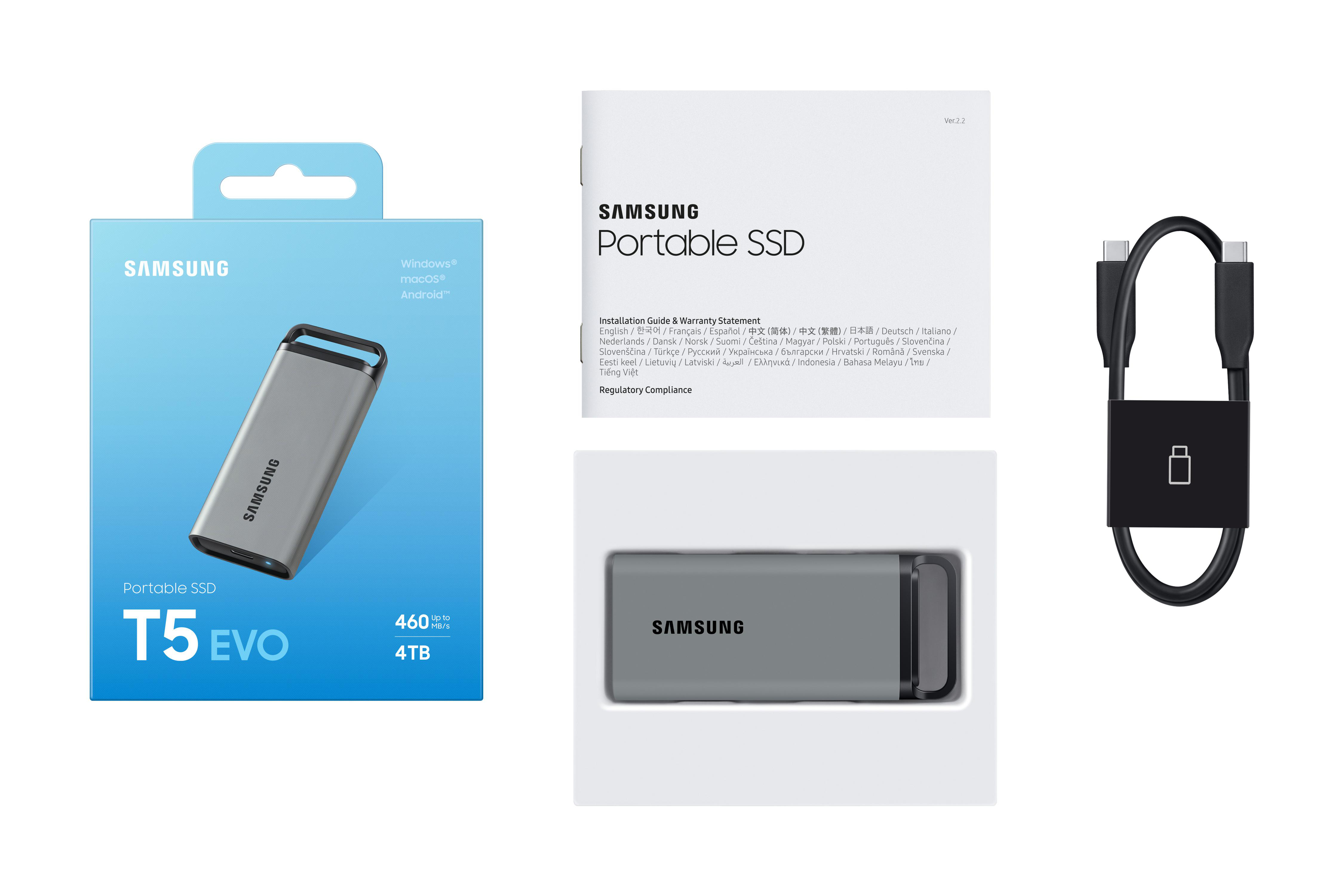 Silberne Samsung T5 EVO Portable SSD, Box und Kabel auf weißem Hintergrund.