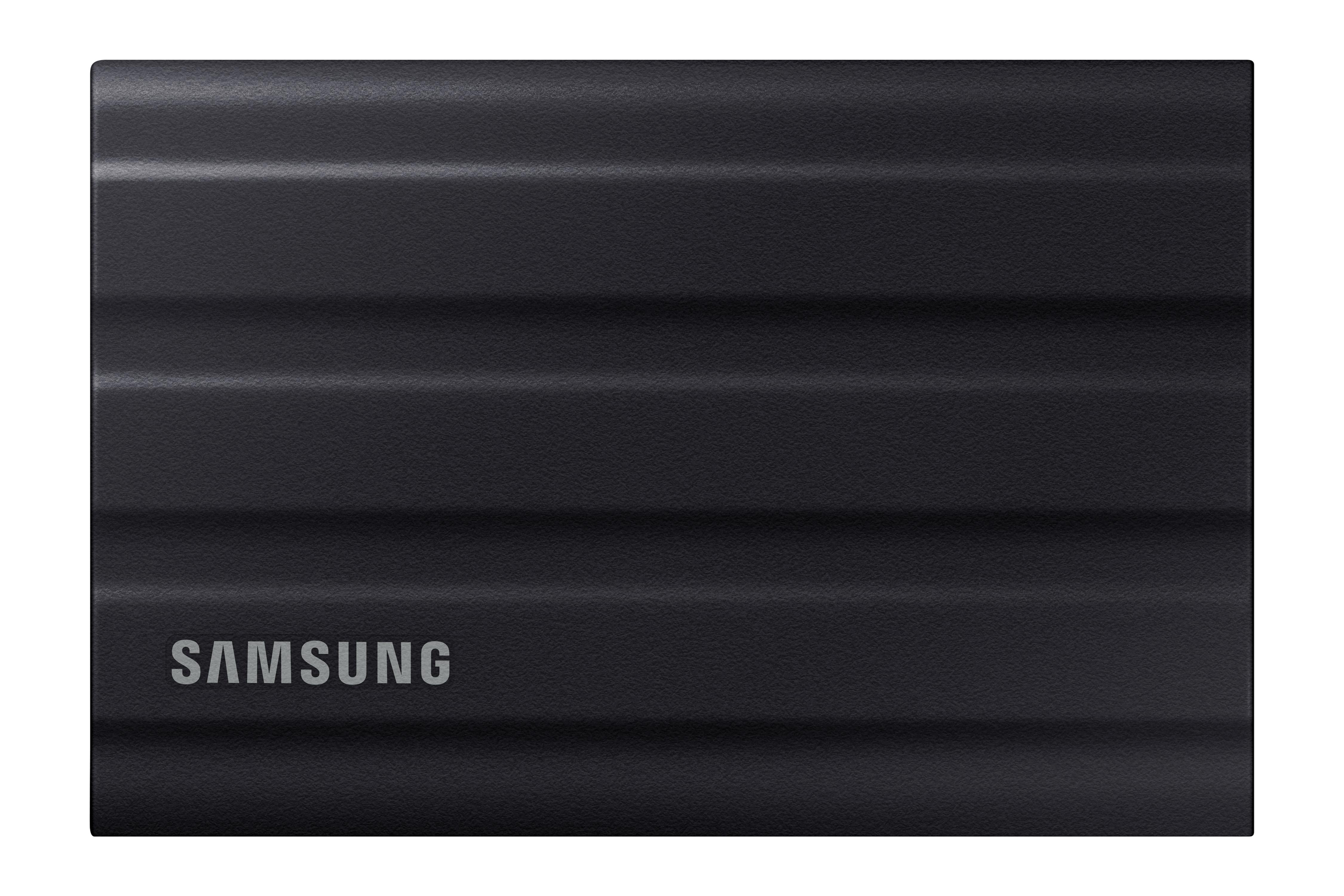Eine schwarze tragbare Samsung SSD. Der Markenname ist silberfarben gedruckt. Sie hat eine strukturierte Oberfläche.