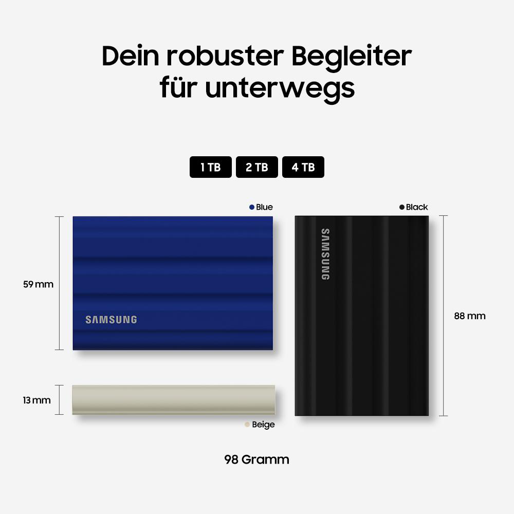 Tragbare Samsung SSDs, blau und schwarz. Abmessungen werden angezeigt. Text: Ihr robuster Begleiter für unterwegs.
