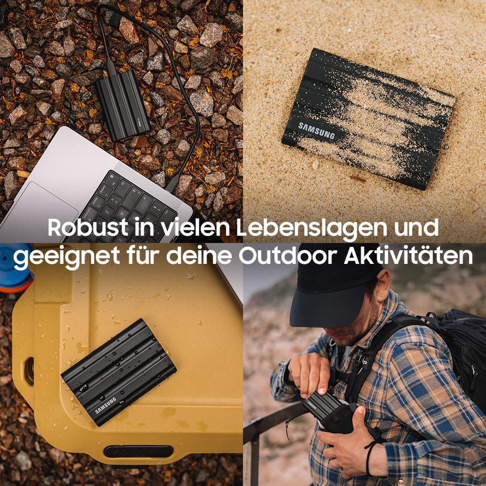 Vier Bilder mit Samsung-SSD-Festplatten im Freien: auf Felsen, Sand, einer Kühlbox und in einer Hosentasche.