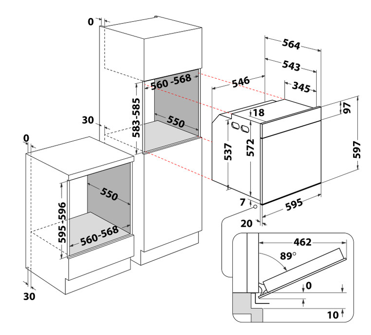 Sütő diagramja méretekkel. Két sütő egymásra rakva egy szekrényben.