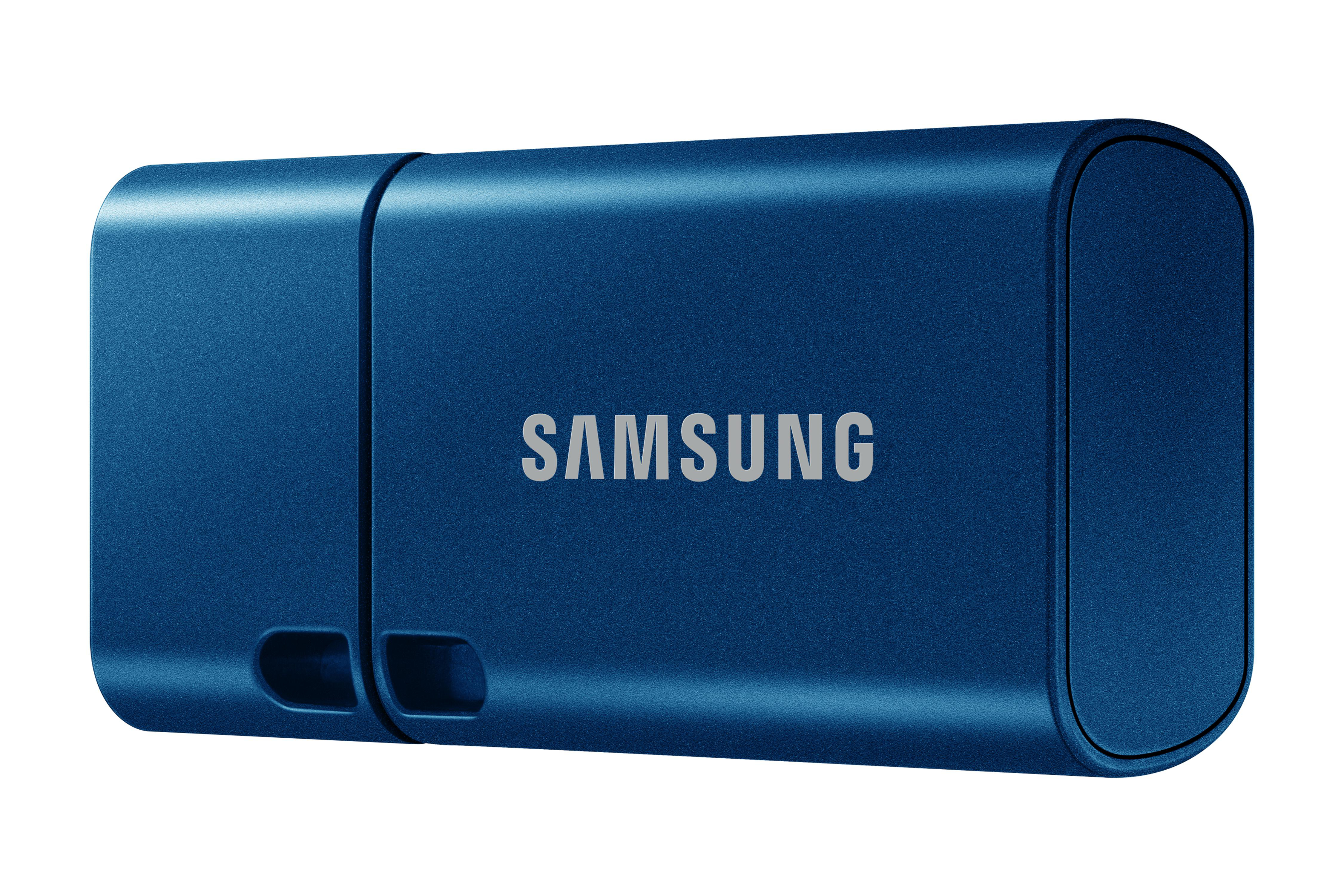 Blaue Samsung USB-Flash-Laufwerk auf weißem Hintergrund.