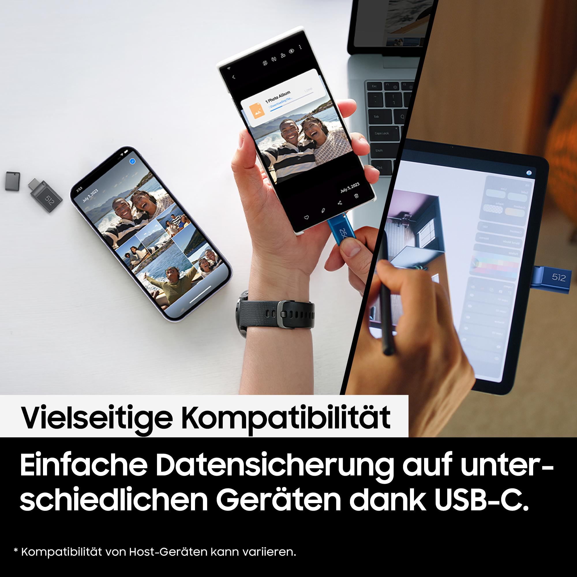 Bild mit Geräten und Text: Vielseitige Kompatibilität. Einfache Datensicherung über USB-C.
