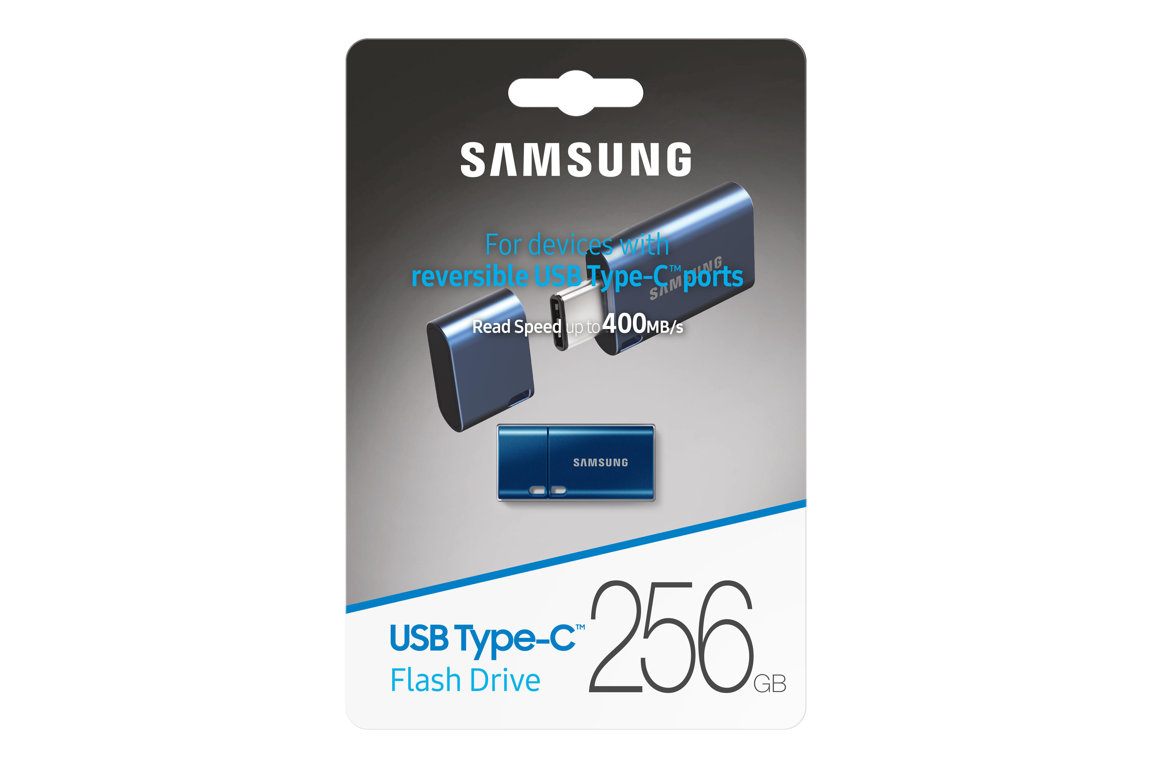 Ein blaues und silbernes Samsung USB Type-C-Flash-Laufwerk.