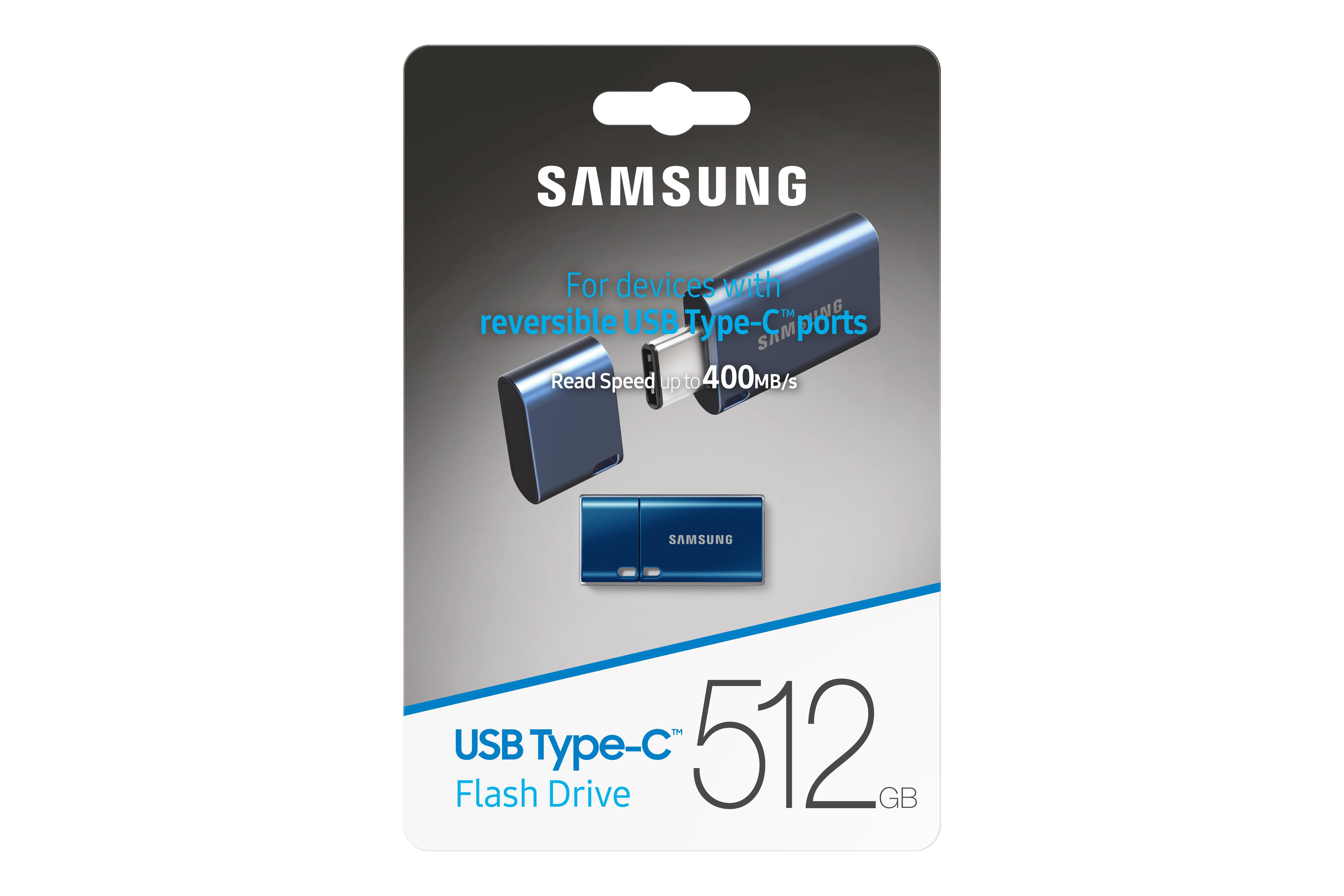 Blauer USB Type-C Flash-Laufwerk in Verpackung, mit Text über Lesegeschwindigkeit.