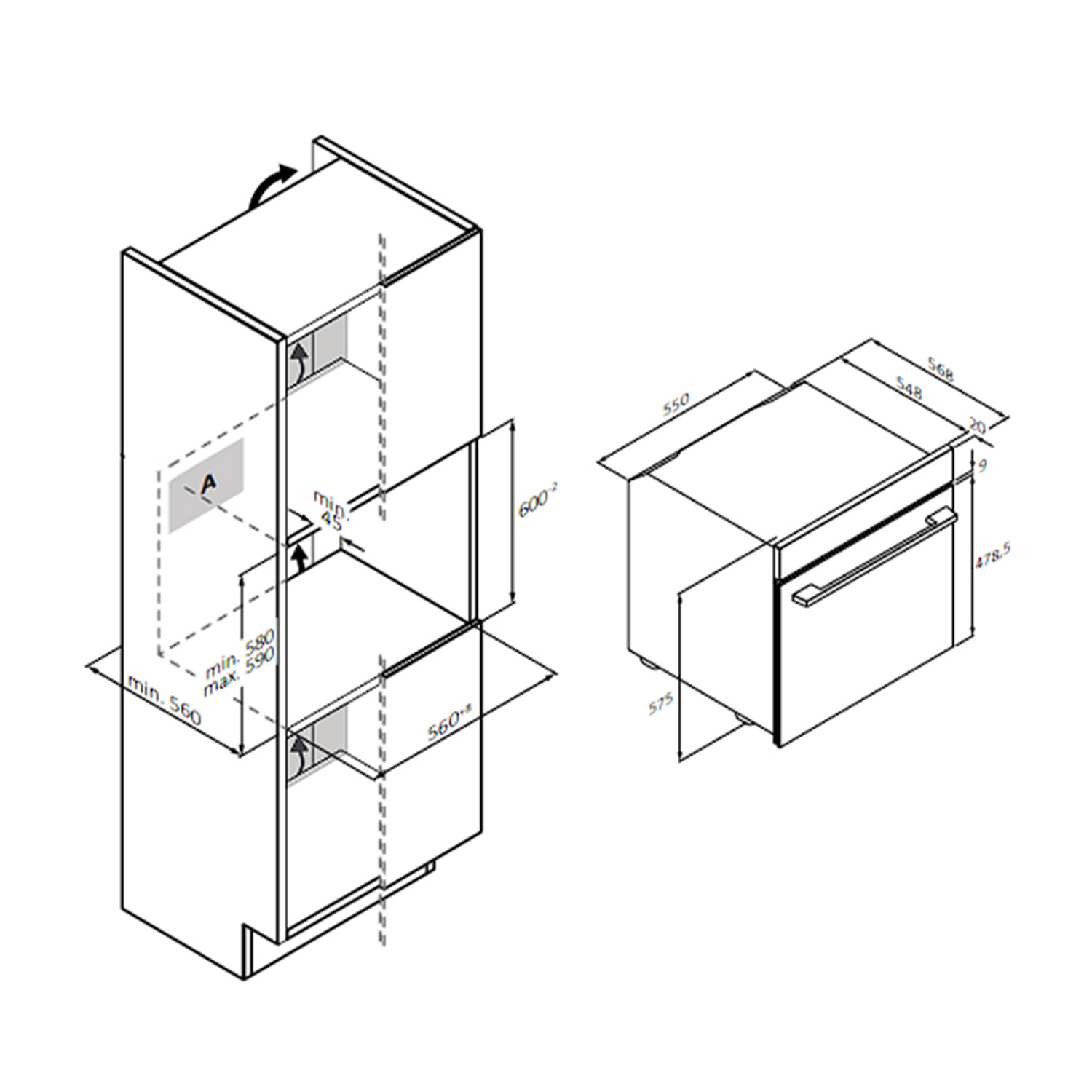 Disegno tecnico di un forno a incasso, con dimensioni e dettagli di installazione.