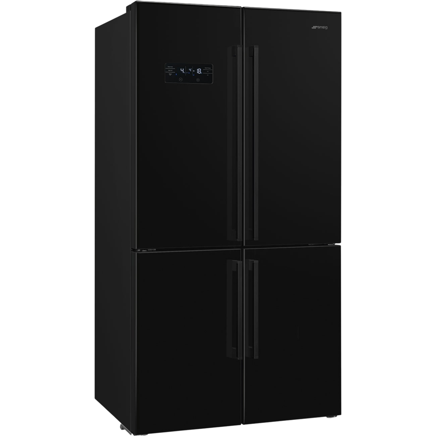 Réfrigérateur Smeg noir à quatre portes. L'écran affiche des chiffres. Les poignées sont visibles.