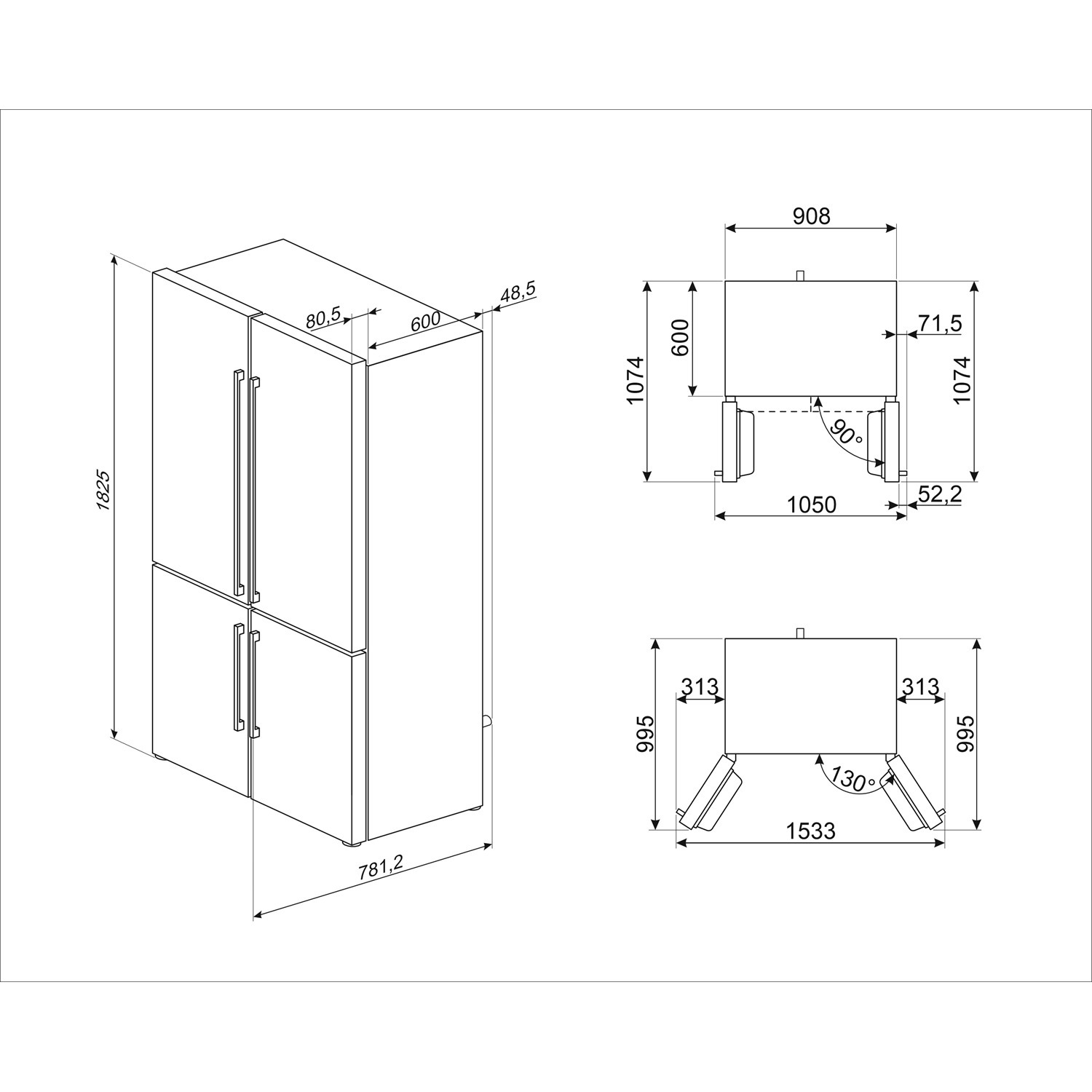 Dessin technique d'un réfrigérateur avec dimensions en mm : hauteur 1825, largeur 781,2 et détails des autres composants.