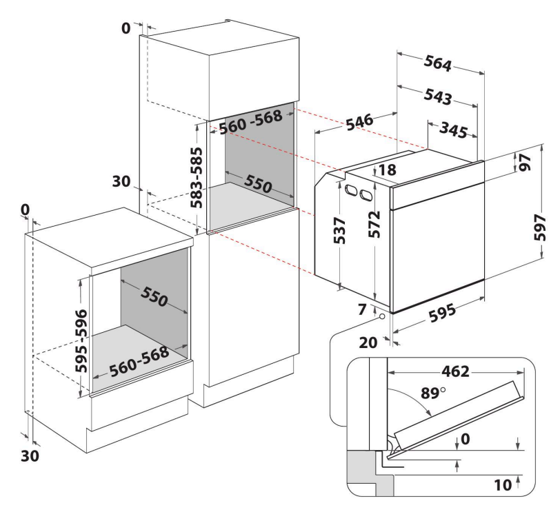 Beépített konyhai készülékek diagramja méretekkel.