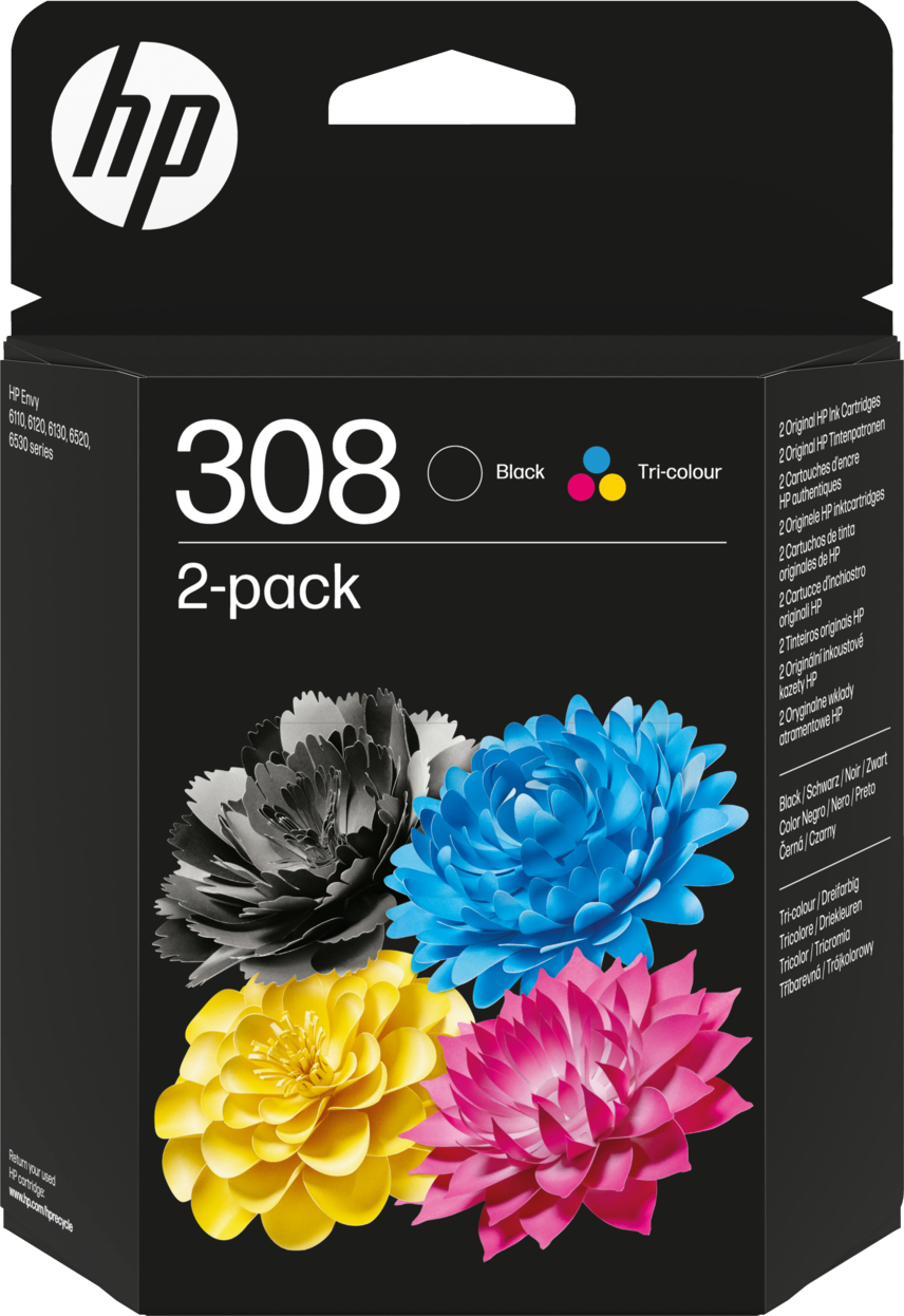 HP Tintenpatronen, 2er-Pack. Schwarz, Cyan, Magenta, Gelb. Blumendesign.