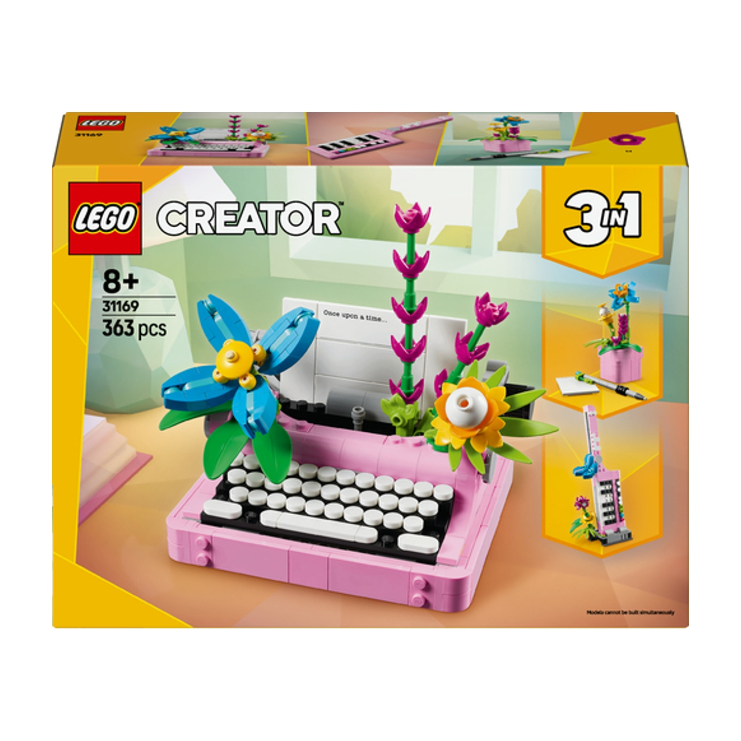 Una scatola del set Lego Creator mostra un modello di macchina da scrivere rosa con fiori e altri piccoli modelli.
