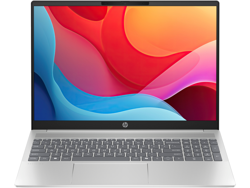 Ezüst HP laptop színes képernyővel.
