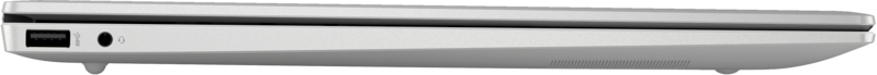 Ezüst laptop oldalsó nézete, USB és audio portokkal.